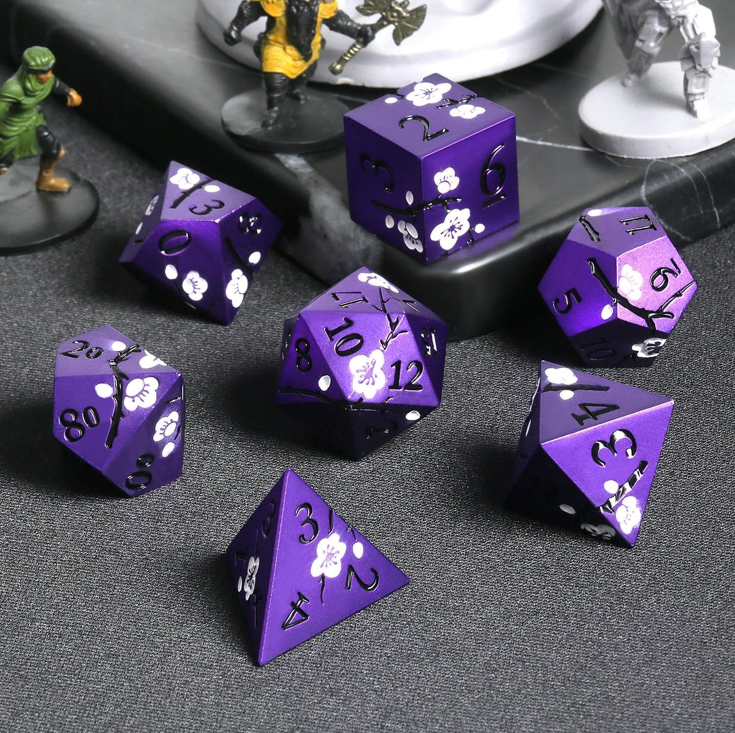 Matt Purple D&D Metal Dice, DNDND 7 PCS Heavy Metallic DND Dice Set with Gorgeous Gift Case for Dungeons and Dragon Tabletop Game (Matte Purple with White Flowers)