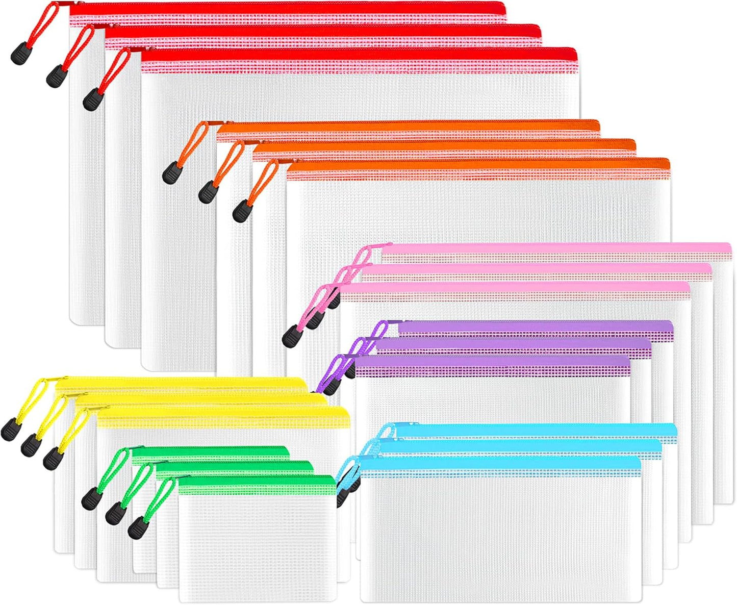 SUNEE Multisize Mesh Zipper Pouches (7 Colors, 21 Packs), Water-Resistant Zip Bag for School Office Supplies, Puzzles & Games Organizing Storage