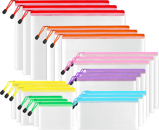SUNEE Multisize Mesh Zipper Pouches (7 Colors, 21 Packs), Water-Resistant Zip Bag for School Office Supplies, Puzzles & Games Organizing Storage
