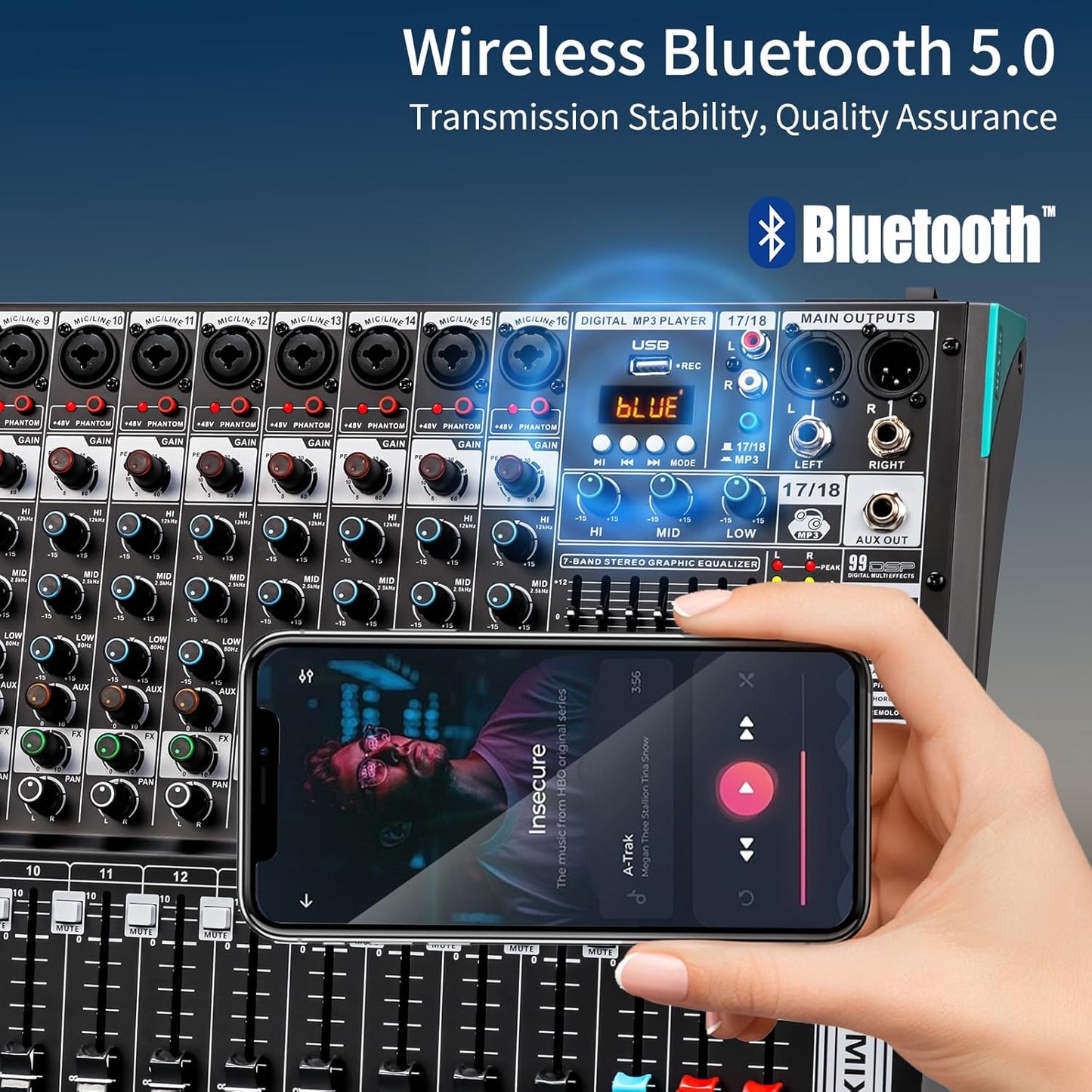 Audio Mixer, TKLBLS Professional 16 Channel DJ Mixer Board with 99-Bit DSP, Sound Board Mixing Console 7-Band EQ Output, USB Audio Interface, Bluetooth 48V Phantom Power For Karaoke Studio Streaming