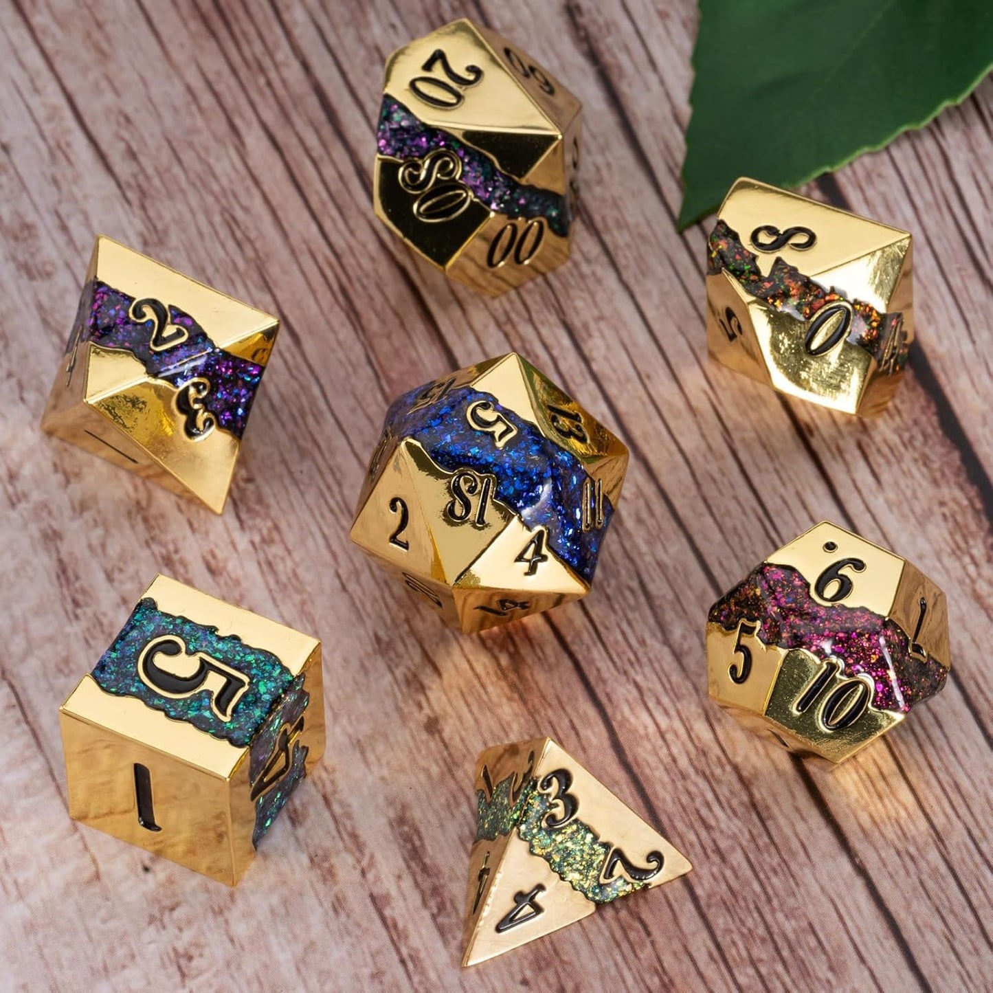 Metal DND Dice Set,Mica Glitter Stripe Dice Set with Gift Box,Metallic 7pcs Polyhedral Dice Set for RPG