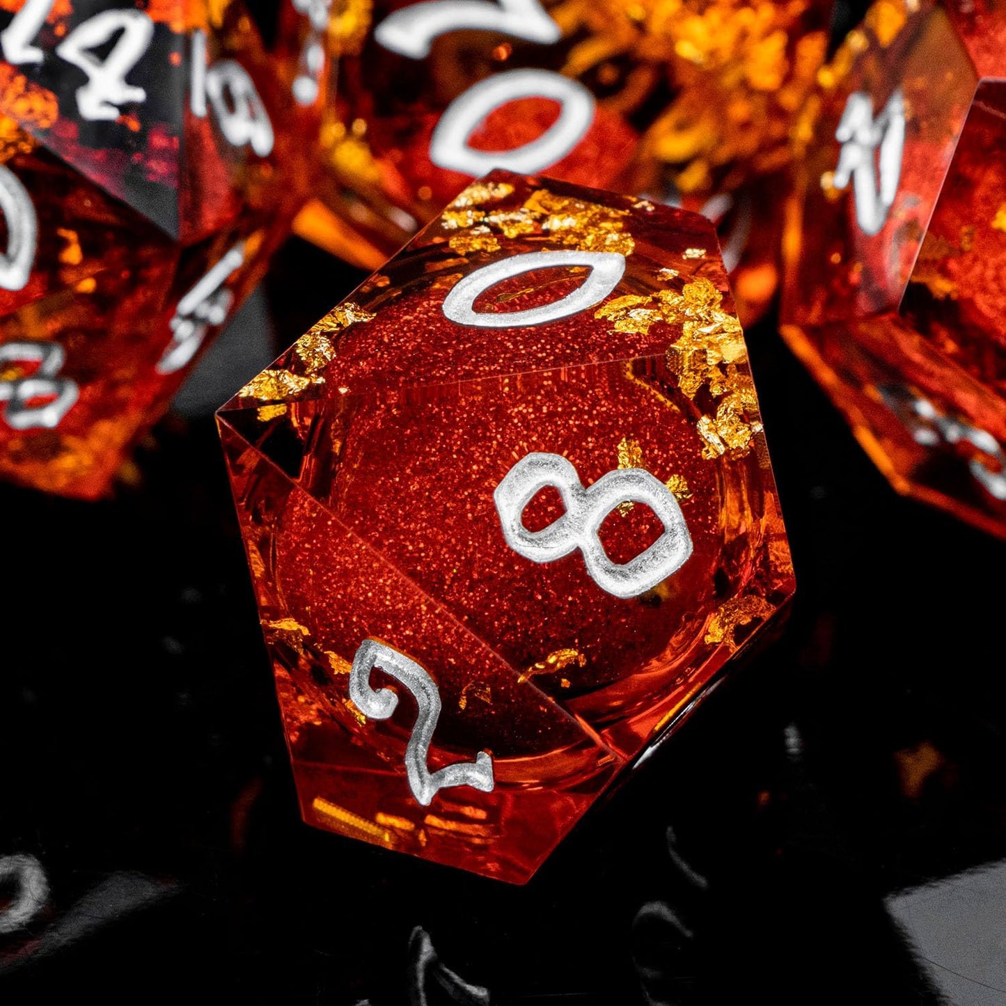 ARUOHHA Liquid Core DND Dice Set, 7pcs Resin Sharp Edged Dragons Dice Role Playing Games, RPG Silver Numbers Red Dungeons Polyhedral Dice with Gift Box D20 D12 D10 D8 D6 D4