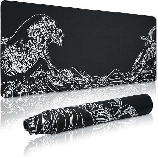 Large Gaming Mouse Pad for Desk,Kanagawa XXL Mouse Pad 35.4x15.7 Inch,Waterproof Desk Pad,Non-Slip Rubber Base Mice Pad,Keyboard Pad Computer Mat,Black Mouse pad