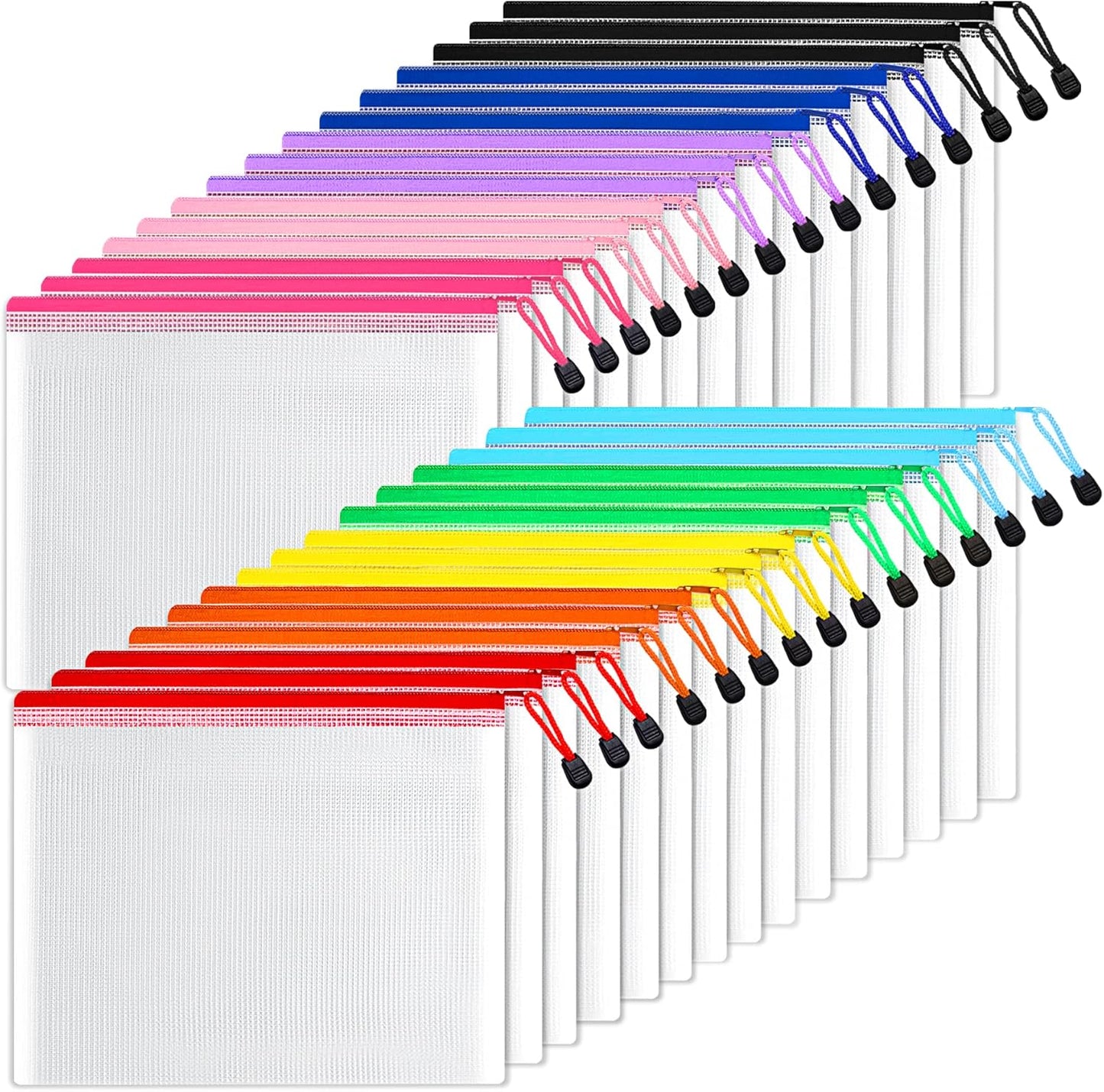 SUNEE Mesh Zipper Pouch 6x9 in (10 Colors, 30 Packs), Mesh Bags with Zipper for School Office Supplies, Puzzles & Games, Travel Accessories, Waterproof Zipper Pouches for Organizing
