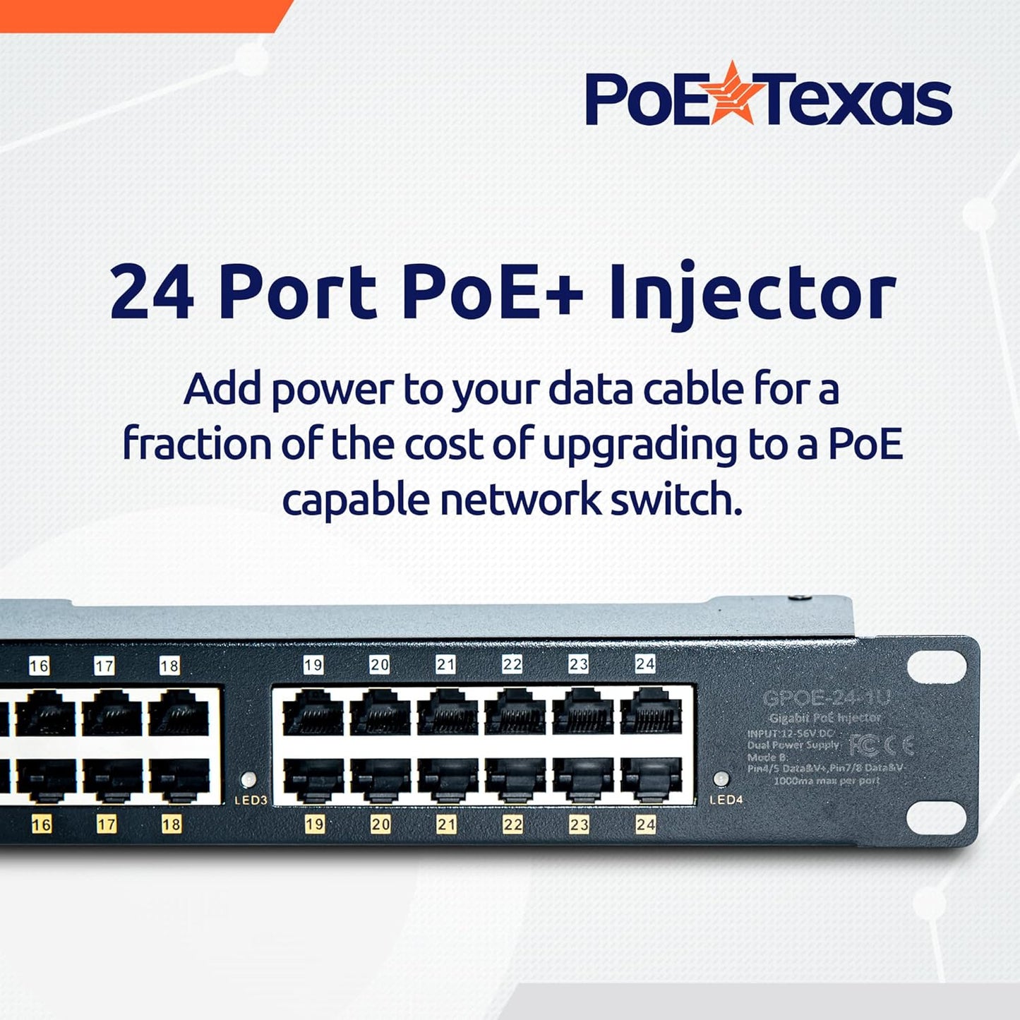 PoE Texas 24 Multi Port PoE+ Injector with 48v 240w Power Supplies - 10/100/1000 Gigabit Passive Power Over Ethernet Means Versatility - 30W PoE Injector for WiFi Access Point, PTZ Camera, IP Phone