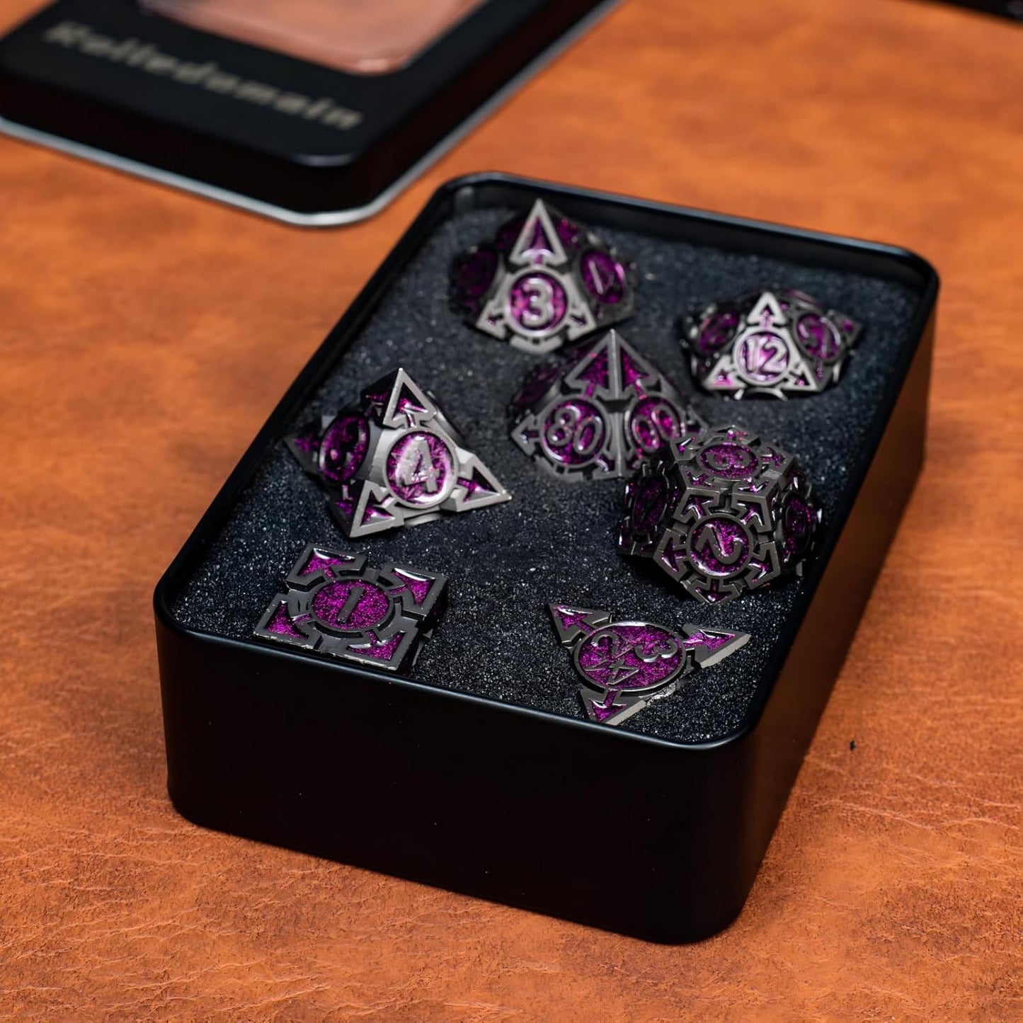 Purple Black Nickel Finish Heavy Metal DND Dice Set (Warlock) with A Metal Box, Sharp Edge Zinc Alloy D&D Accessories, D4-D20, Designed for Dungeons & Dragons Master, RPG Player, Starter