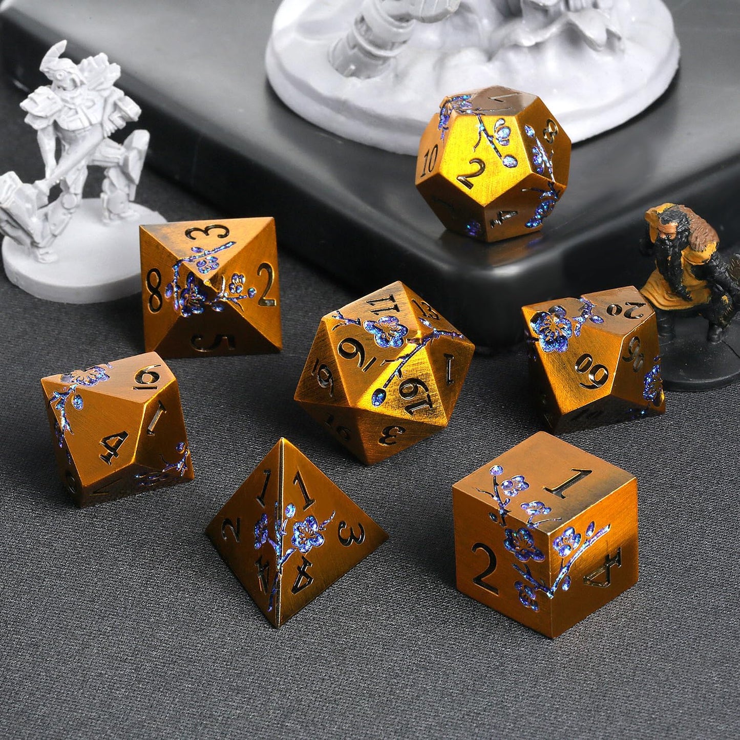 Metal Dice Flowers, 7 PCS Metallic Dungeons and Dragons Dice Set with Gorgeous Gift Case for DND Dungeons and Dragon Tabletop Game (Ancient Brass with Blue Flowers)