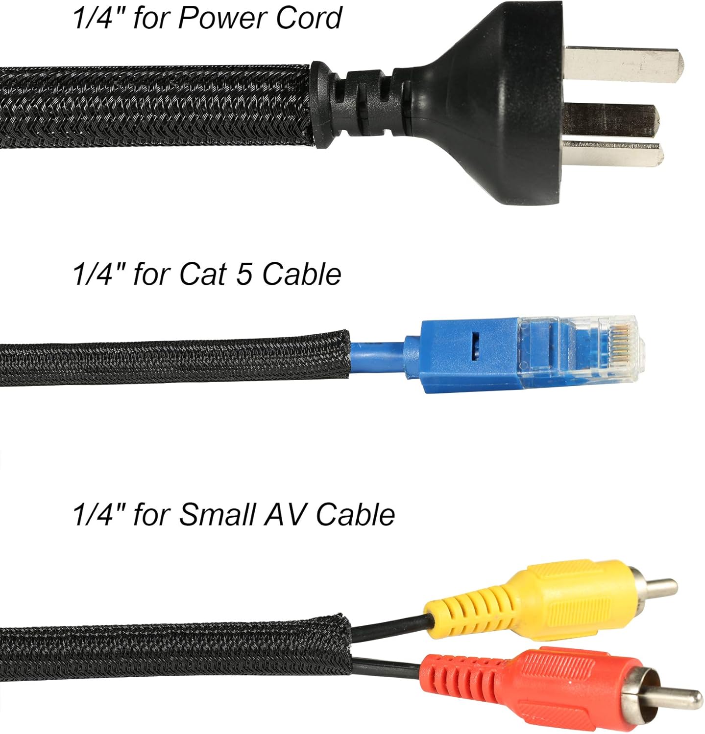 CrocSee 10ft - 1/4 inch Braided Cable Management Sleeve Cord Protector - Self-Wrapping Split Wire Loom for TV/Computer/Home Theater/Engine Bay - Black