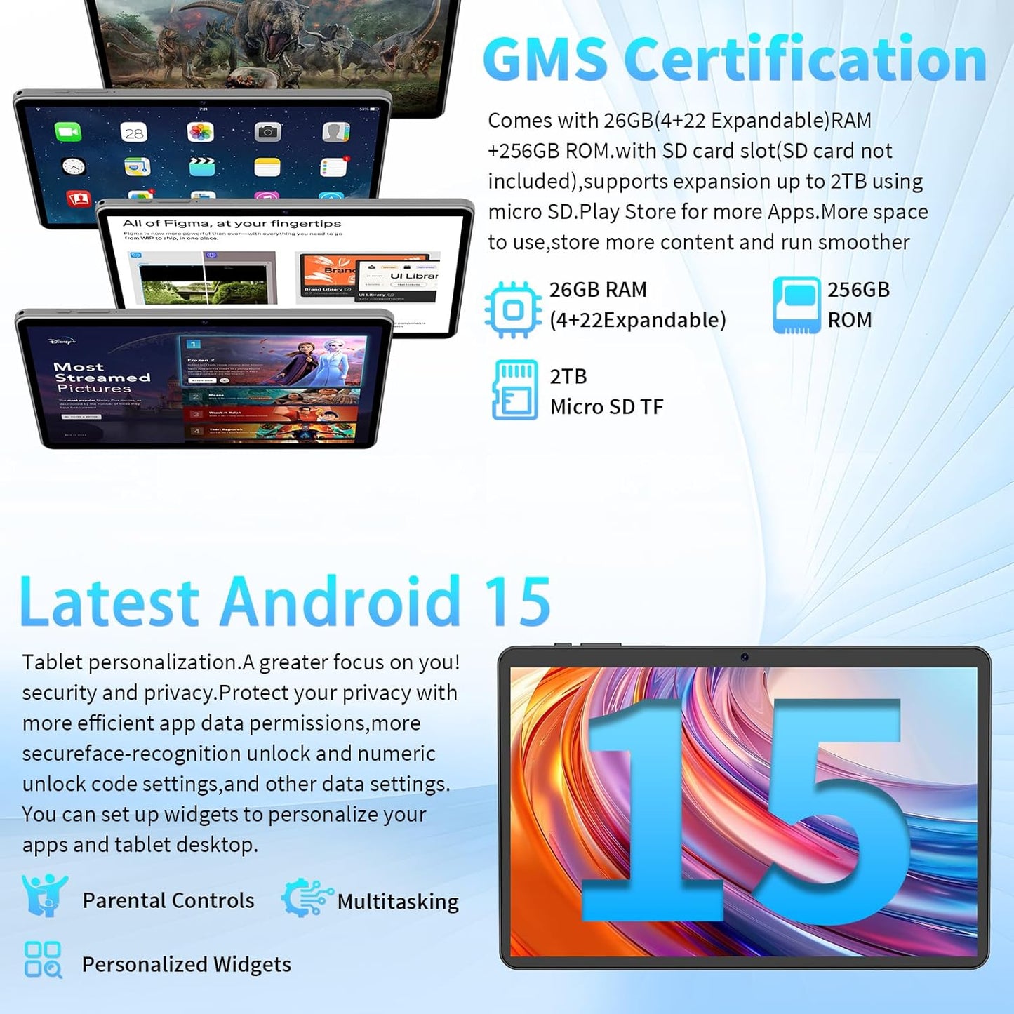 Android 15 Tablet 10 Inch, 26GB RAM+256GB ROM/2TB Expandable Tablet, 2 in 1 Tablets with Keyboard Case Mouse Stylus, 2.0GHz Octa-core CPU, IPS HD Screen, 5G WiFi BT 5.0, 8000mAh Battery (Silver)