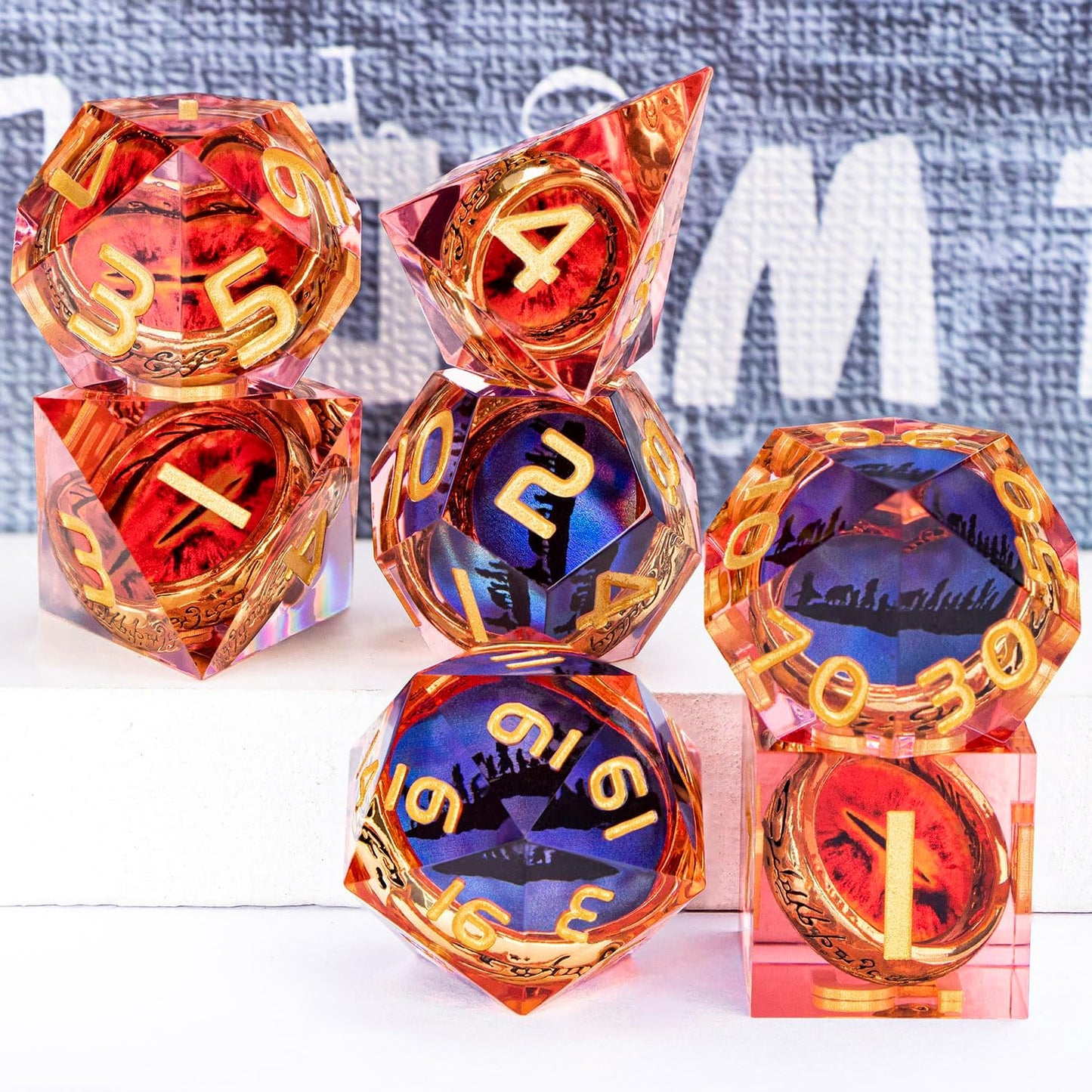 Magic Golden Ring DND Dice Set Sharp Edge Red Gaze Eye Resin Dice with Box, for use with RPG D&D Tabletop Games Lord D and D Polyhedral Dice Set