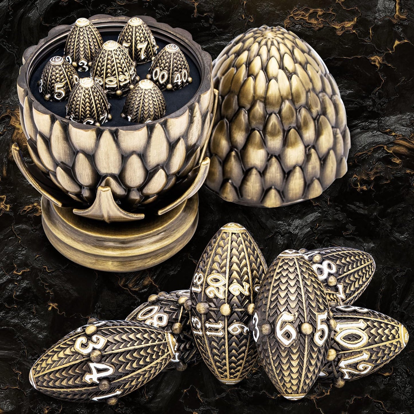ARUOHHA DND Metal Dice Bronze Dragon Egg Dice with Rotating Dragon Egg Shell, Role Playing Game RPG Polyhedral D and D Dice Set D20 D12 D10 D8 D6 D4