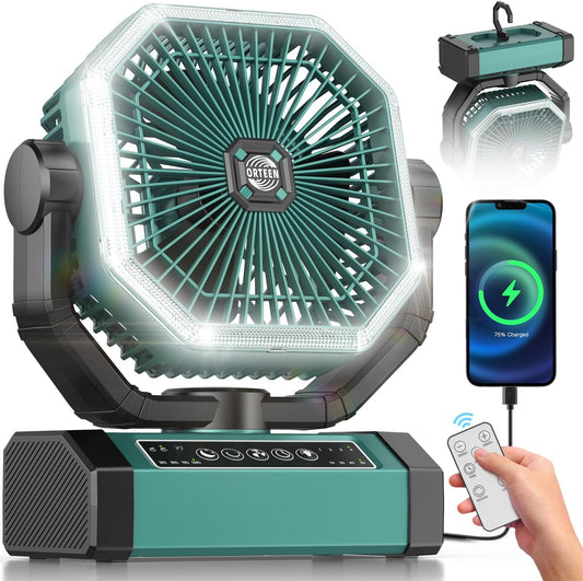 Portable Rechargeable Fan - 9-Inch Camping Fan for Tent, 20000mAh(60Hrs) Battery Operated for Camping, Auto Oscillation Cordless, Tent Fan with Remote/Light, 4 Speeds, 4 Timing, Outdoor