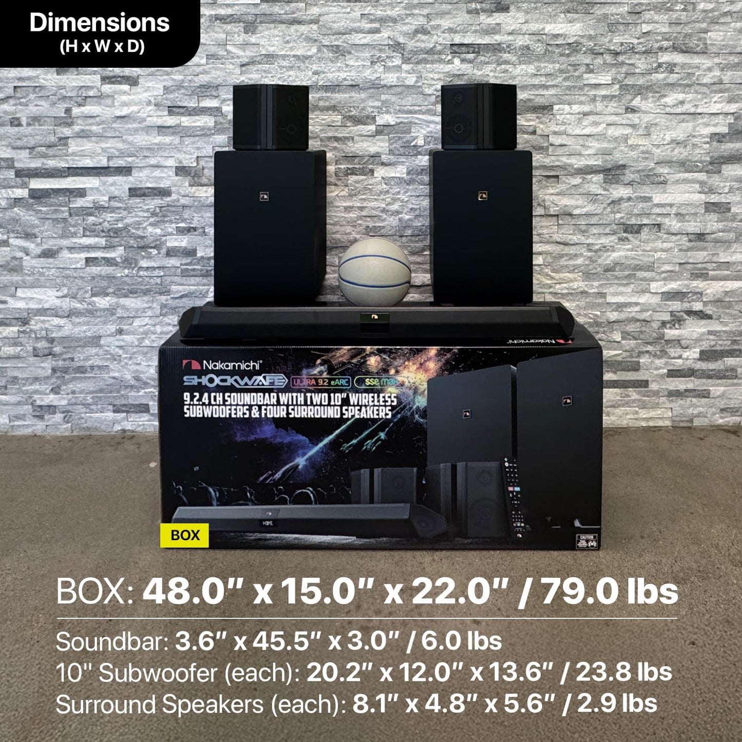 Nakamichi Shockwafe Ultra 9.2.4 Channel Dolby Atmos/DTS:X Soundbar with Dual 10" Subwoofers (Wireless), 4 Rear Surround Effects Speakers, eARC and SSE Max Technology (Flagship)