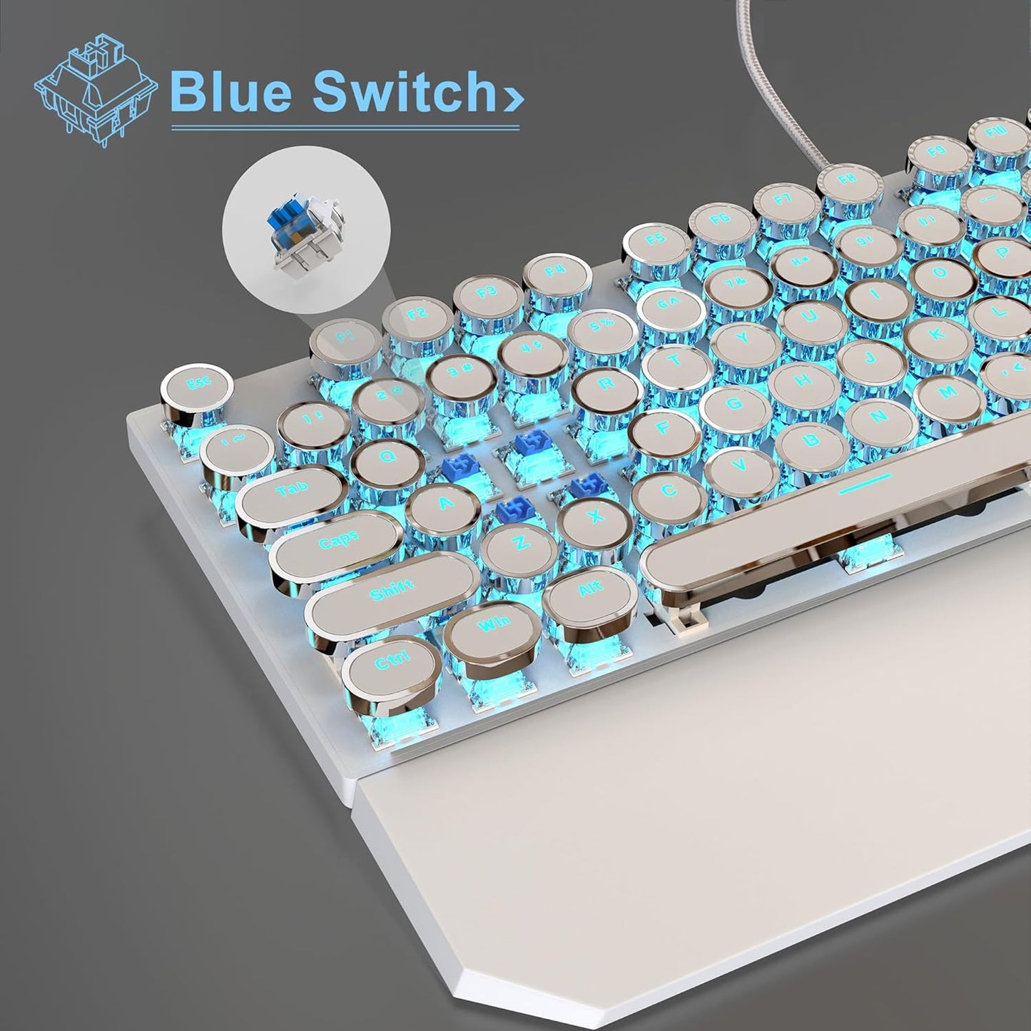 MageGee Typewriter Mechanical Gaming Keyboard, Retro Punk White Round Keycaps, 104 Keys LED Blue Backlit Wired Keyboards for Laptop MAC PC Gamer, with Magnetic Wrist Rest, Blue Switch