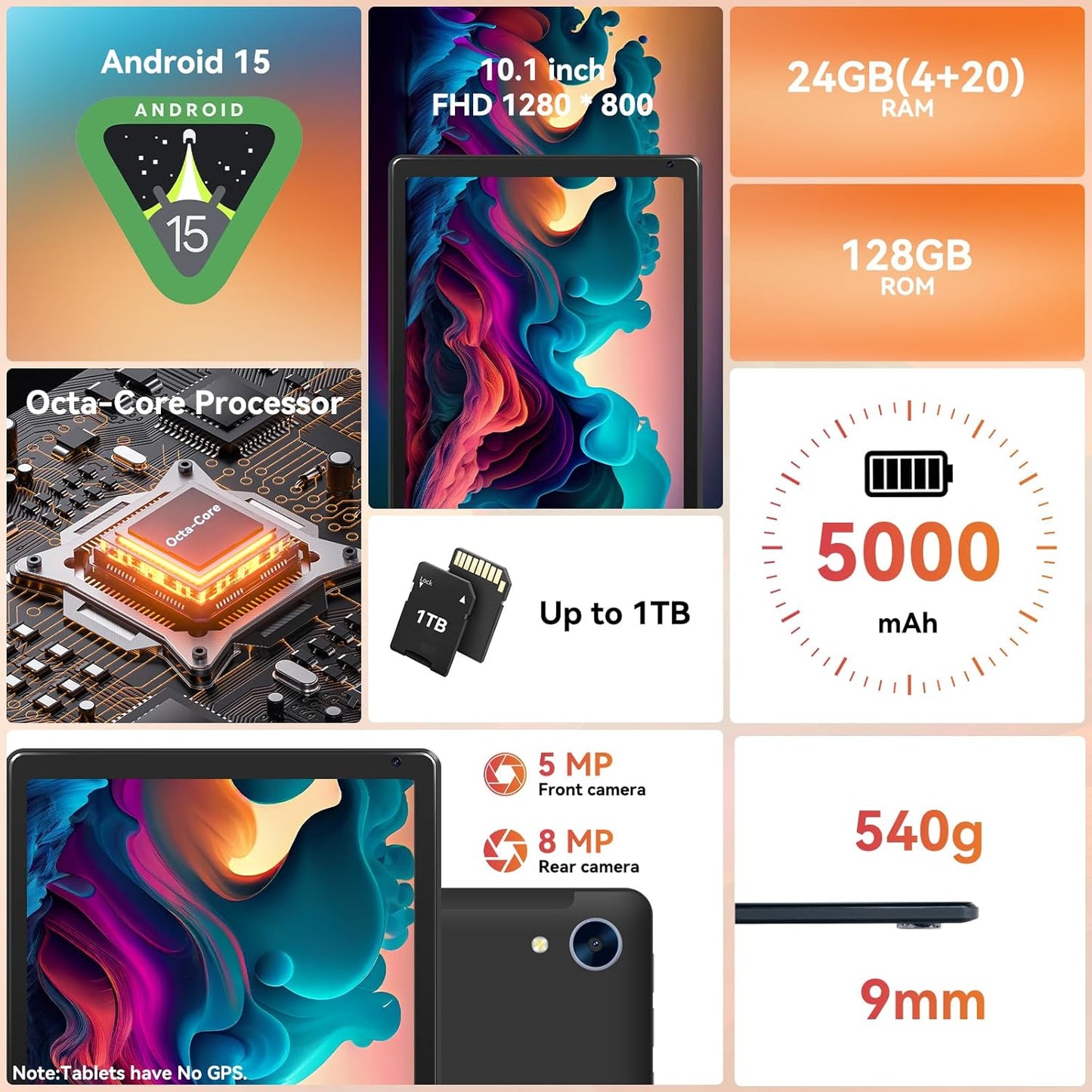 Tablet,10.1" Android 15 Tablet with Octa-core Processor 24GB RAM 128GB ROM HD IPS Touchscreen 8H Battery, Wi-Fi 6, BT 5.0, Dual Camera, Android 15 Tablets with Keyboard Mouse Stylus Case Headphone