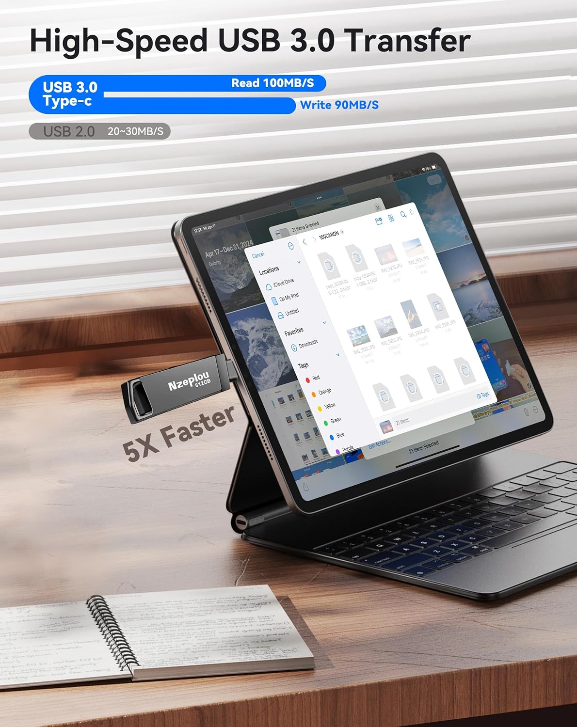 Flash Drive for iPhone iPad, USB3.0 High-Speed Memory Stick No App Needed, Lightening & USB-C External Memory Storage for Photos Videos, Picture Backup Thumb Drive Plug & Play (512GB, Space Gray)