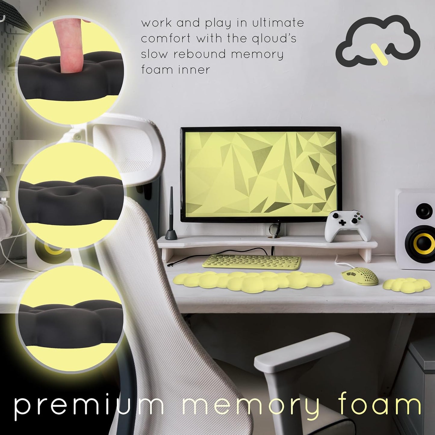 Qloud Cloud Wrist Rest Keyboard Wrist Rest for Computer Keyboard Pad, Cloud Keyboard Wrist Rest, Wrist Pad for Keyboard, Memory Foam, Non Slip Base, Comes with Mouse Pad - Yellow