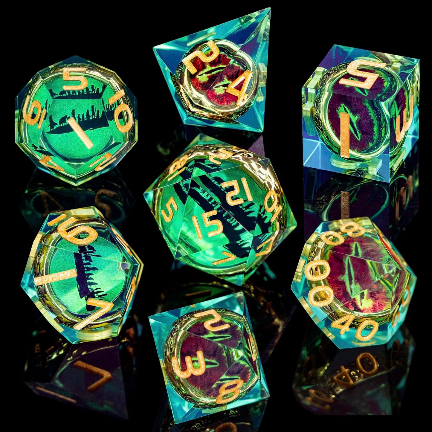 Magic Golden Ring DND Dice Set Sharp Edge Red Gaze Eye Resin Dice with Box, for use with RPG D&D Tabletop Games Lord Green D and D Polyhedral Dice Set