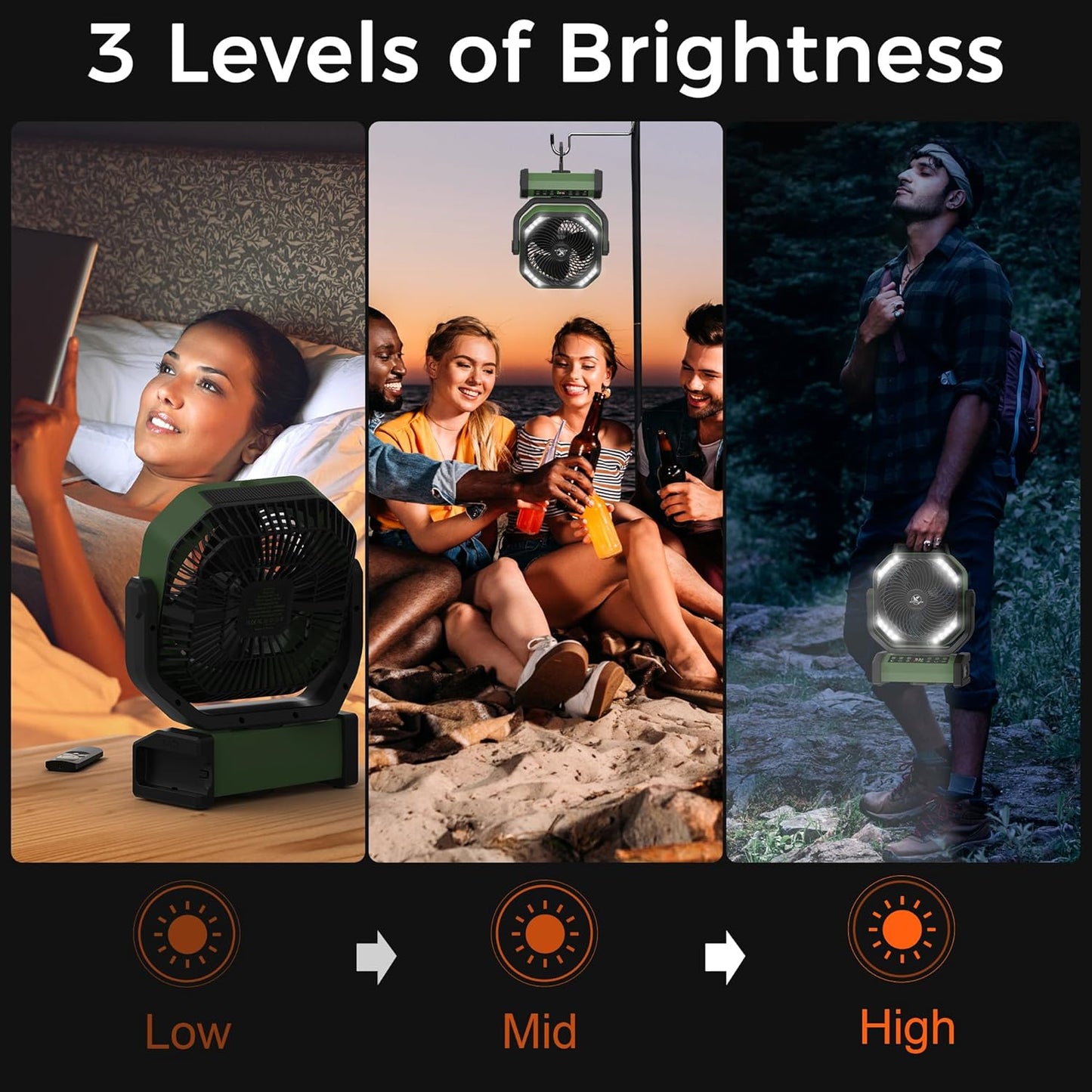 Camping Fan with Light - 20000mAh Rechargeable Battery Fan, 112Hrs Max Run Time, 8 Speeds, Digital Display, Timer, Auto Oscillation, 270° Pivot & Hook for Camping, Power Outage, Hurricane (Army Green)