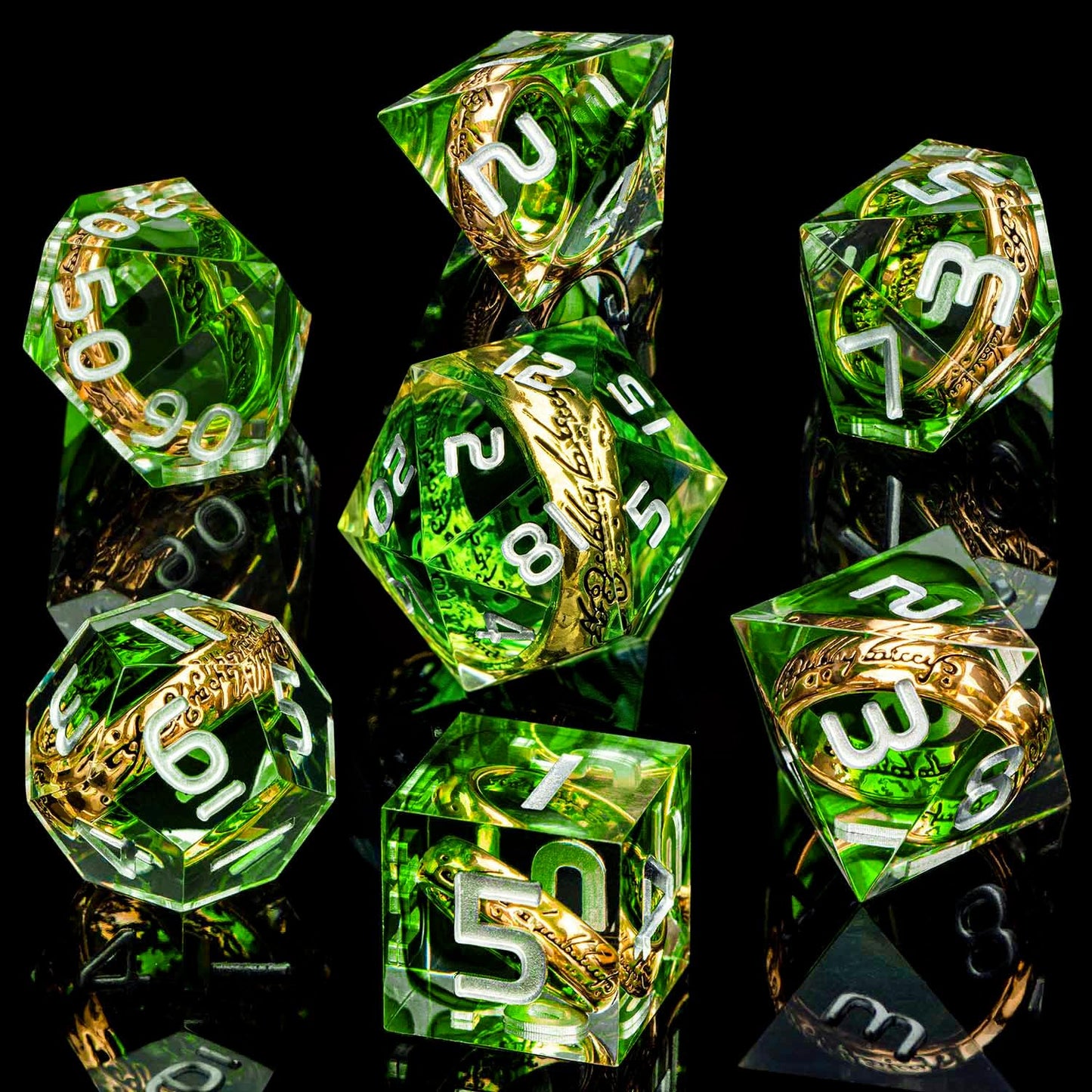 Magic Golden Ring DND Dice Set with Case, Green Resin Sharp Edge D and D Dice for use with D&D Tabletop Games Lord Handmade Polyhedral Dice Set D20 D12 D10 D8 D6 D4
