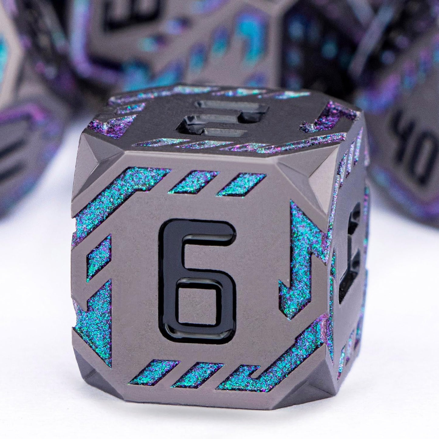 Metal DND Sci-fi Dice Set 7PCS Stripe Polyhedral Dice for Dungeons Dragons RPG Role Playing Game, Glitter D and D Dice with Gift Box D6 D8 D10 D12 D20 (Black&Green Purple)