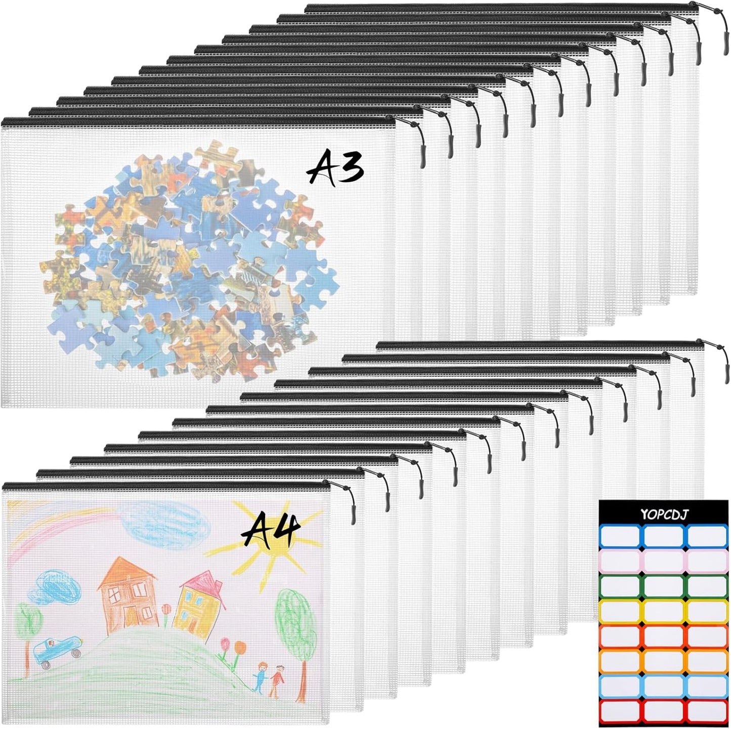 24pcs A4 Mesh Zipper Pouch File Bags, 12pcs Large A3 and 12pcs Letter A4,Black Reusable Zipper Bags for Organizing Storage, Waterproof Puzzle Bag, Board Game Storage and School Office Supplies
