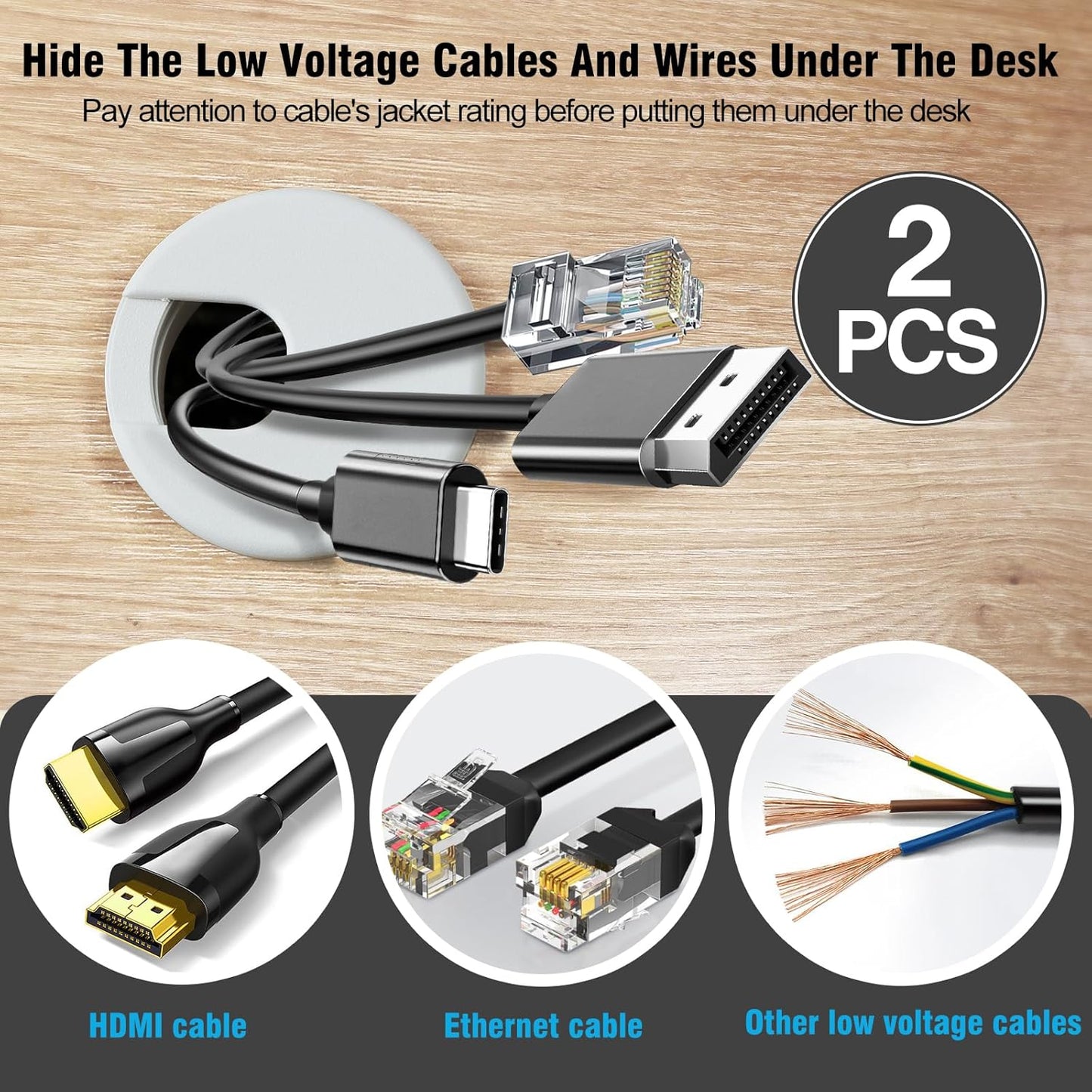 2" White Desk Grommet, JTemgle Plastic Cable Hole Cover Computer Table Cord Wire Organizer Caps Desktop Cord Management for Home Office TV Stands Tabletops, 2 Pieces