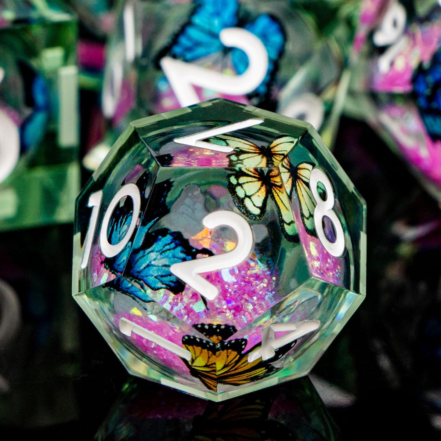 Butterfly DND Dice Pink Liquid Core Dice Set with Metal Box, Handmade Sharp Edge D and D Polyhedral Dice for use with D&D Role Playing Game, D20 D12 D10 D8 D6