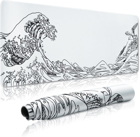 Large Gaming Mouse Pad for Desk,Kanagawa XXL Mouse Pad 35.4x15.7 Inch,Waterproof Desk Pad,Non-Slip Rubber Base Mice Pad,Keyboard Pad Computer Mat,White Mouse pad