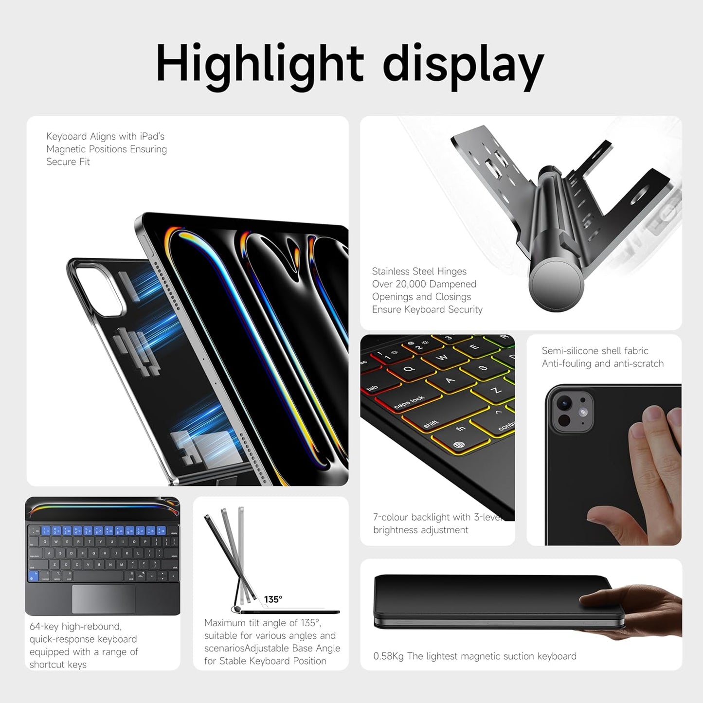 HOU iPad Pro 11 Inch Case with Keyboard M4 2024(ONLY),Magic Keyboard iPad Pro 11 Inch (5th Gen) Keyboard Case,Click-Anywhere Trackpad,7 Colors Backlight,Easy-Set,Black