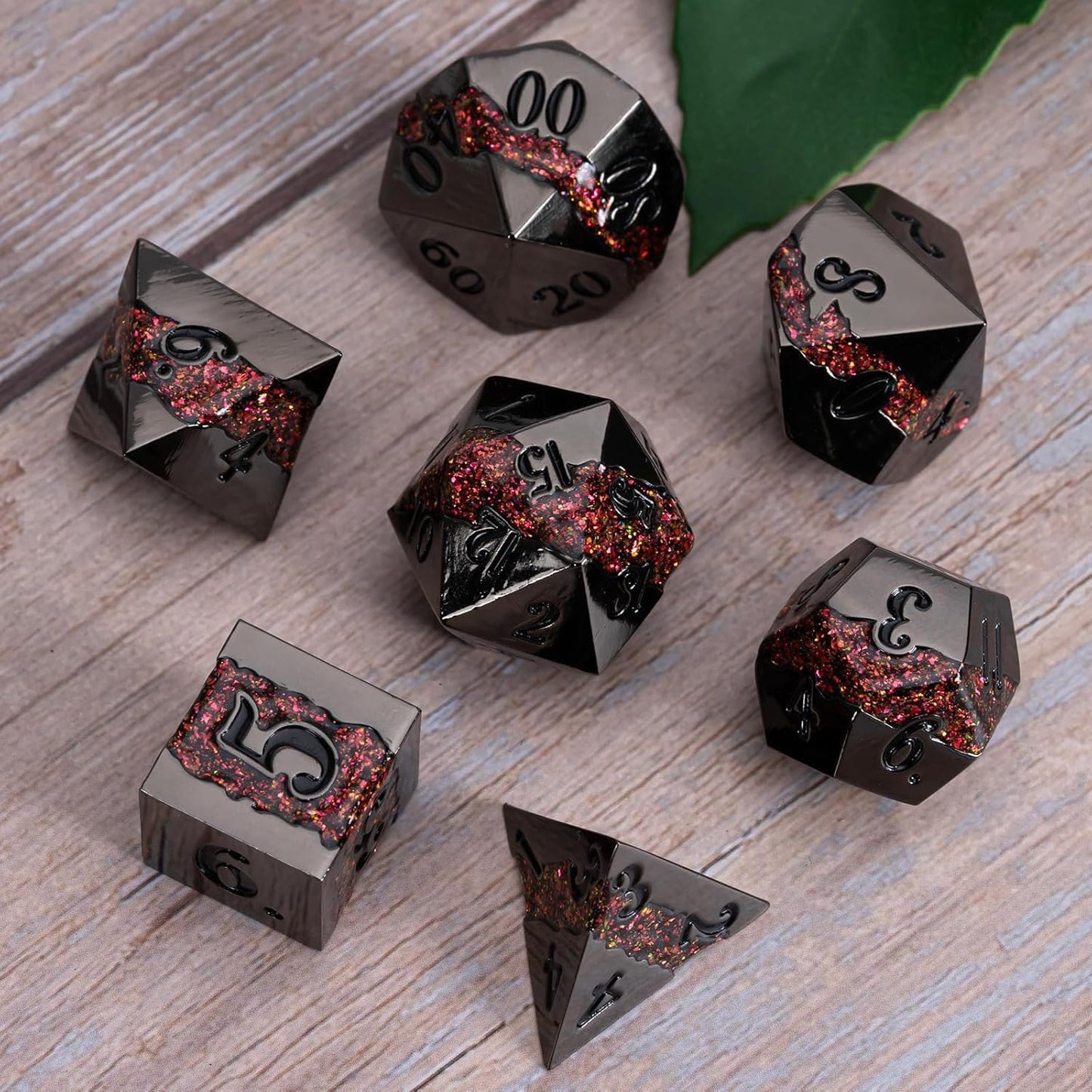 Metal DND Polyhedral Dice,Large Stripe Glitter Metallic Dice Set,Antique Silver Dice 7pcs Set for Role Playing Games(Black Nickel Red)
