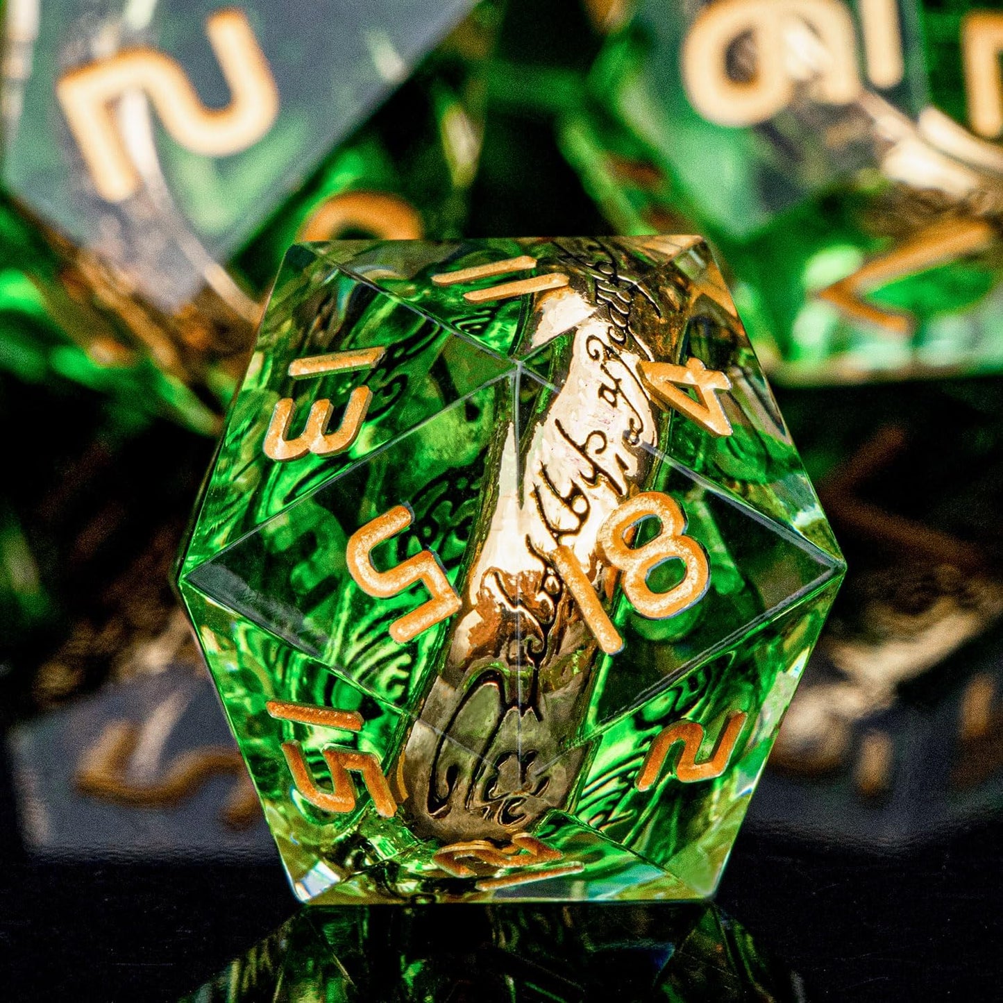 Magic Golden Ring DND Dice with Box, Green Sharp Edge Handmade D and D Polyhedral Dice for use with D&D Tabletop Games RPG, Lord Resin Dice D20 D12 D10 D8 D6 D4
