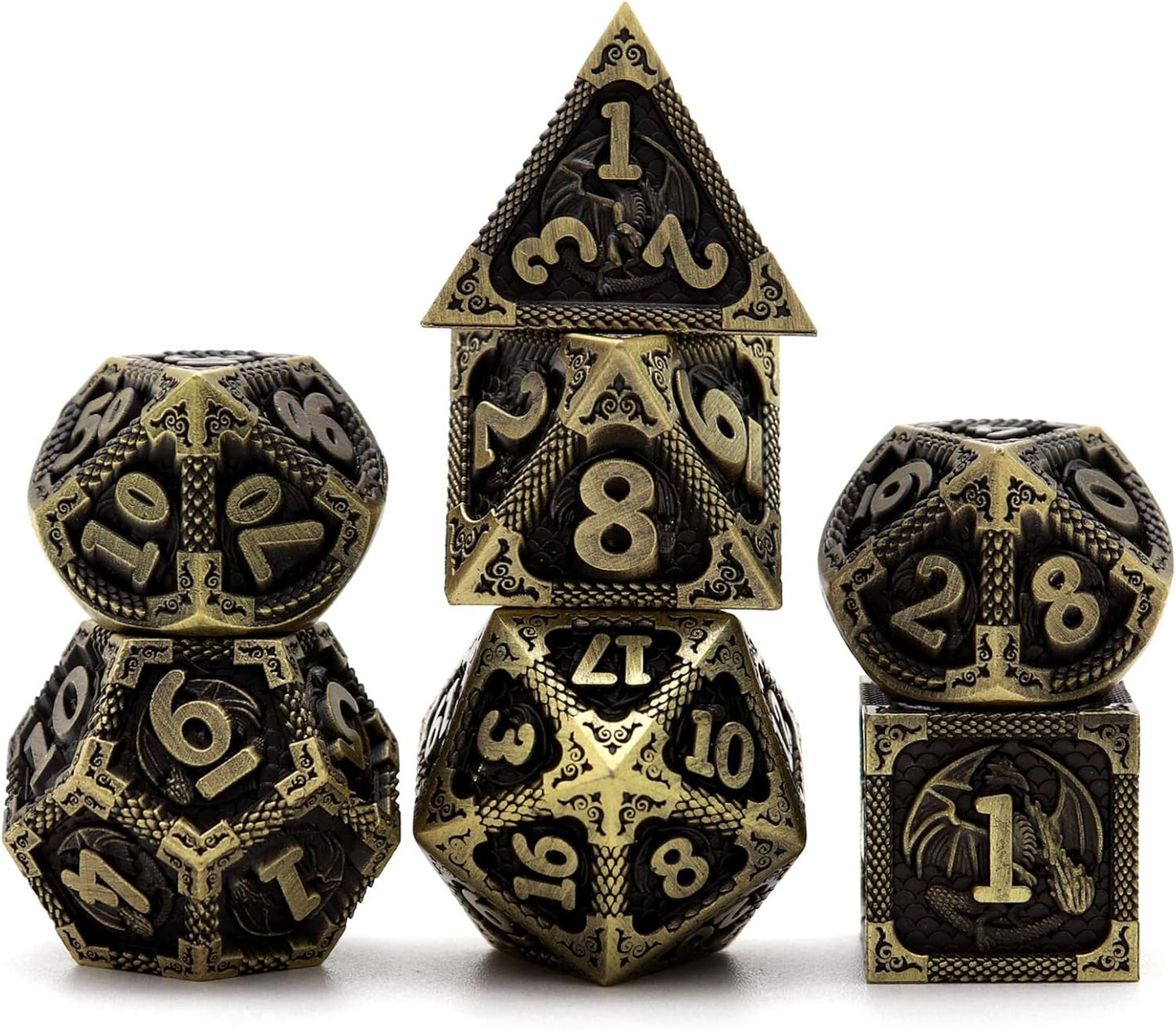 PJOY D&D Dice Set Dragon Metal DND Dice Set Antique Bronze with Case for RPG Role Playing Games Compatible with Dungeons and Dragons Gift TTRPG