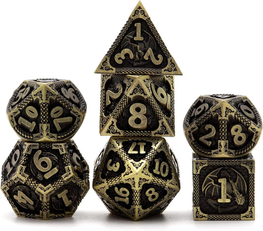 PJOY D&D Dice Set Dragon Metal DND Dice Set Antique Bronze with Case for RPG Role Playing Games Compatible with Dungeons and Dragons Gift TTRPG