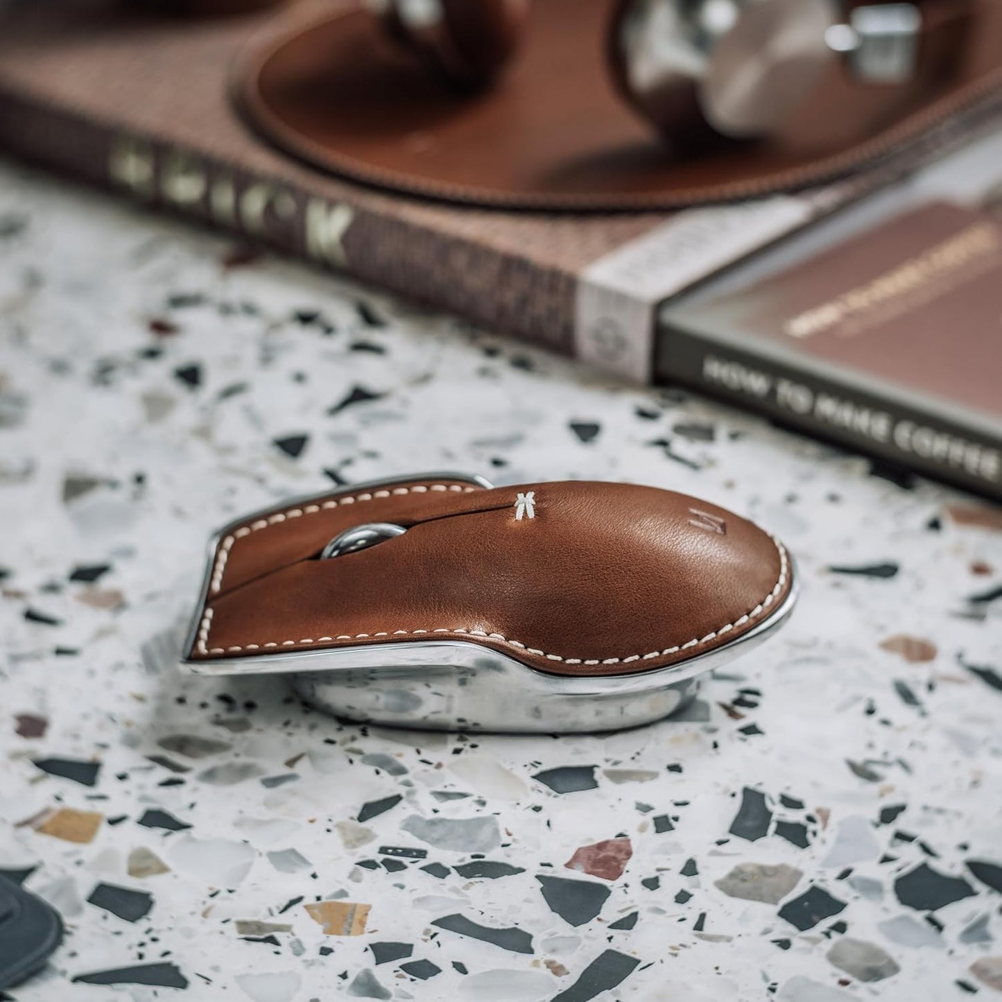 LUNAR ARTEFACTS Ambidextrous Rechargeable Bluetooth Wireless Computer Mouse Brown French Leather and Aluminum, Qi Enabled USB-C