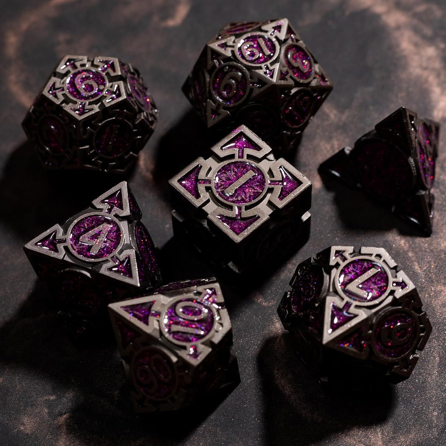 Purple Black Nickel Finish Heavy Metal DND Dice Set (Warlock) with A Metal Box, Sharp Edge Zinc Alloy D&D Accessories, D4-D20, Designed for Dungeons & Dragons Master, RPG Player, Starter