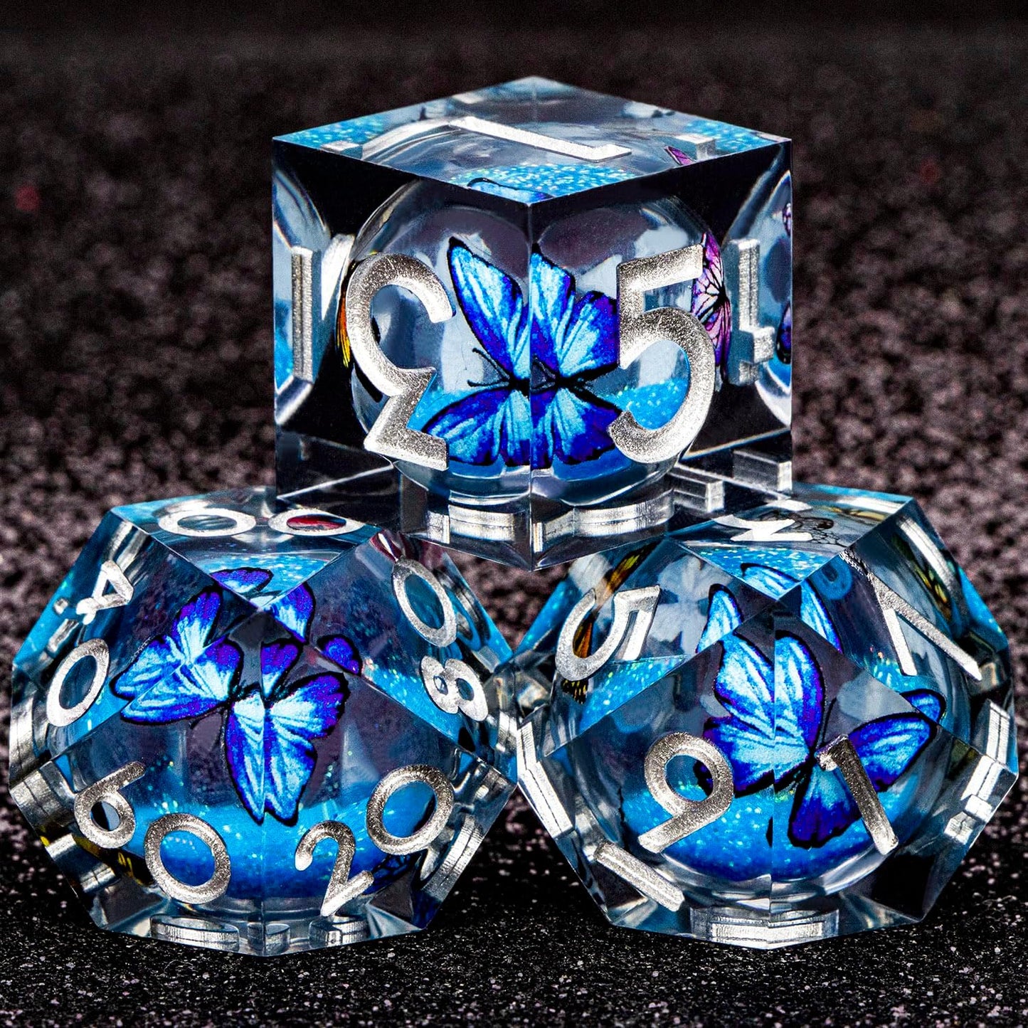 Butterfly DND Dice Blue-Black Liquid Core Dice Set with Metal Box, Handmade Sharp Edge D and D Polyhedral Dice for use with D&D Role Playing Game, D20 D12 D10 D8 D6