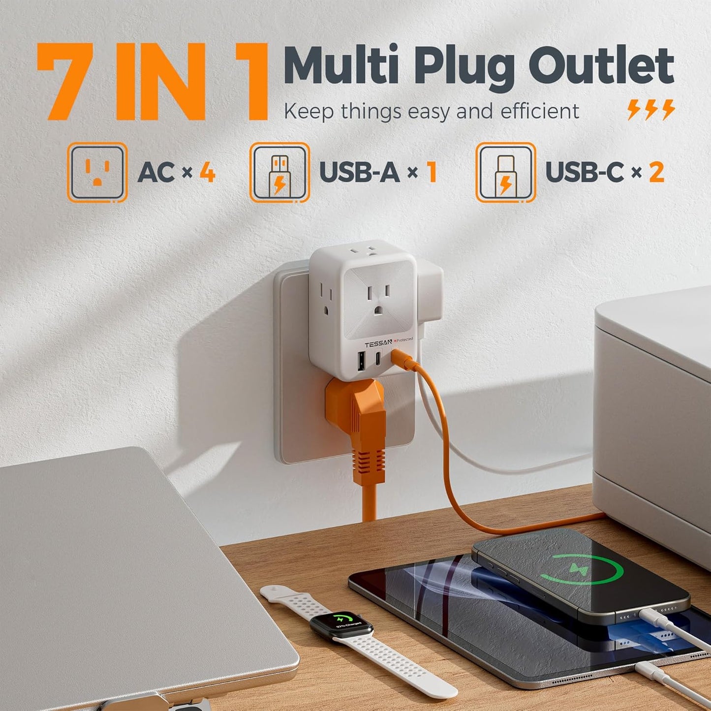 Multi Plug Wall Outlet Splitter, TESSAN Surge Protector 4 Outlet Extender with 3 USB Charger Blocks(2 USB C), 3-Sided Multiple Plug Expander for Home Office Dorm Room School Essentials