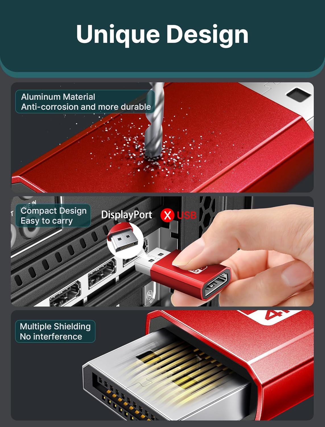 JSAUX 4K DisplayPort to HDMI Adapter 1Pack, DP PC to HDMI Monitor Converter Video UHD 2K@120Hz,4K@30 DP to HDTV Male to Female Uni-Directional Adapter Compatible with Dell, Lenovo, HP,GPU, AMD -Red