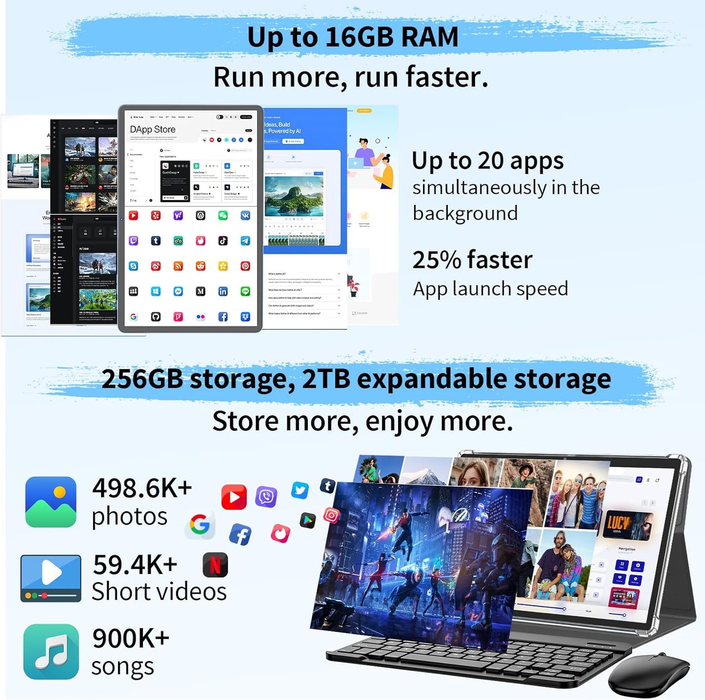 Android 15 Tablet with Keyboard, 16GB（8+8）RAM+256 Storage(Expand to 2TB), 8000mAh Battery, Widevine L1,10 Inch 2-in-1 Tablets with 5G/2.4G WiFi, BT5.0, GMS Certified, with Mouse, Case, Stylus(Pink)