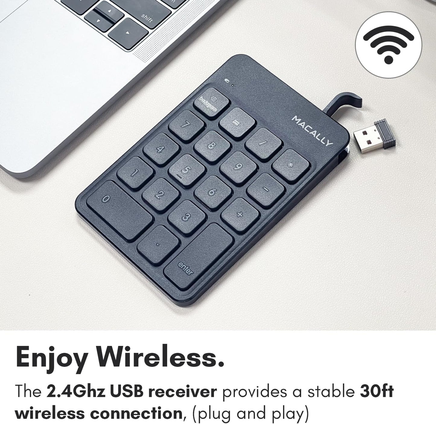 Macally Wireless Number Pad | Numeric Keypad | Wireless 10 Key for Laptop PC Computer Notebook Surface Chrome (2.4G USB) Perfect for Data Entry Numpad Number Keyboard