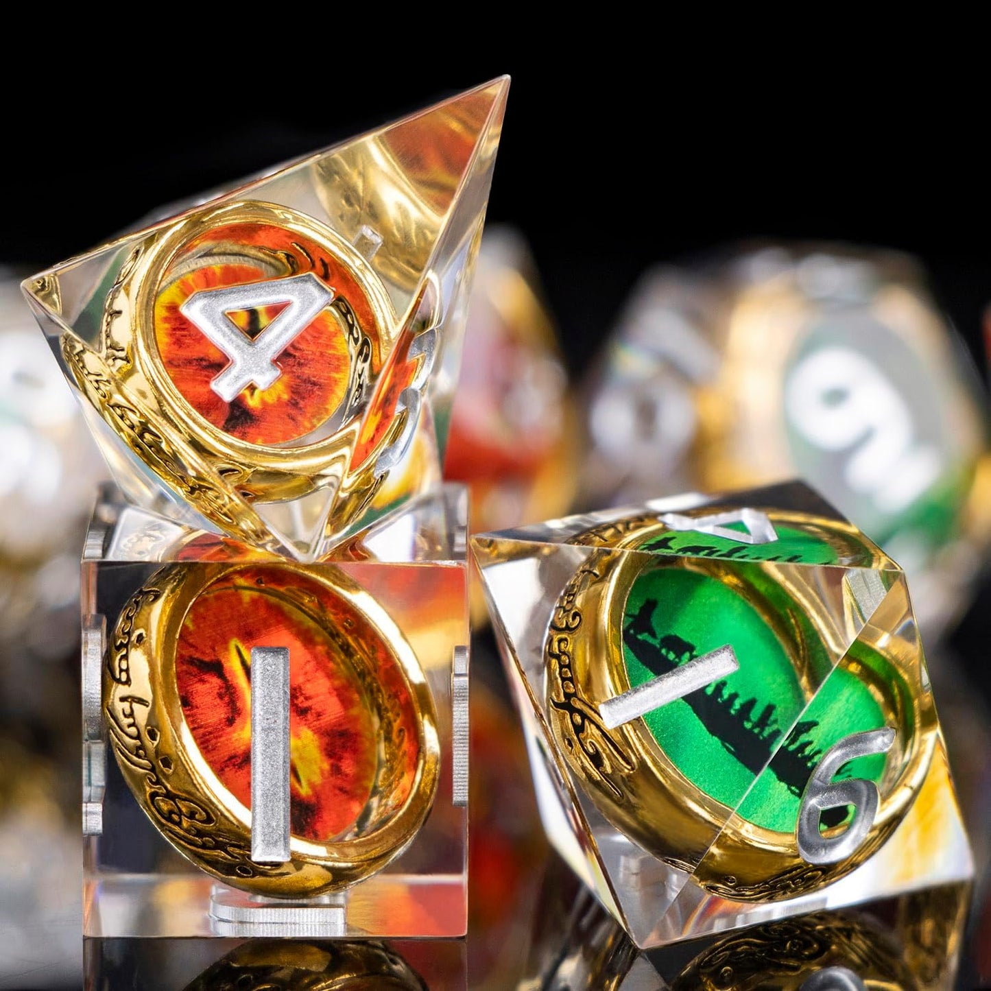 Magic Golden Ring DND Dice Set Sharp Edge Red Gaze Eye Resin Dice with Box, for use with RPG D&D Tabletop Games Lord D and D Polyhedral Dice Set