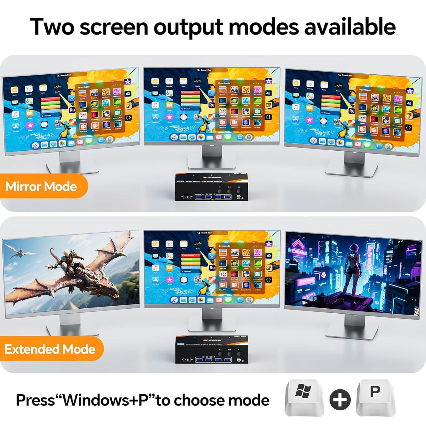 USB 3.0 KVM Switch 3 Monitors 3 Computers Displayport HDMI, Triple Monitor KVM Switch 8K@60Hz 4K@144Hz for 3 Computers Share Mouse Keyboard, Wired Remote and Power Adapter