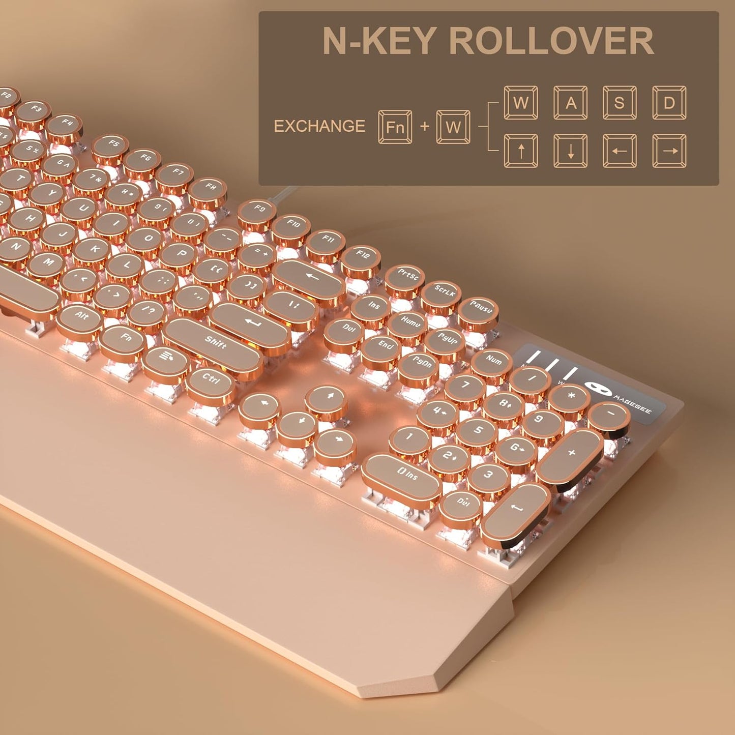 MageGee Typewriter Mechanical Gaming Keyboard, Retro Punk Creamy Round Keycaps, 104 Keys LED White Backlit Wired Keyboards for Laptop MAC PC Gamer, with Magnetic Wrist Rest, Blue Switch