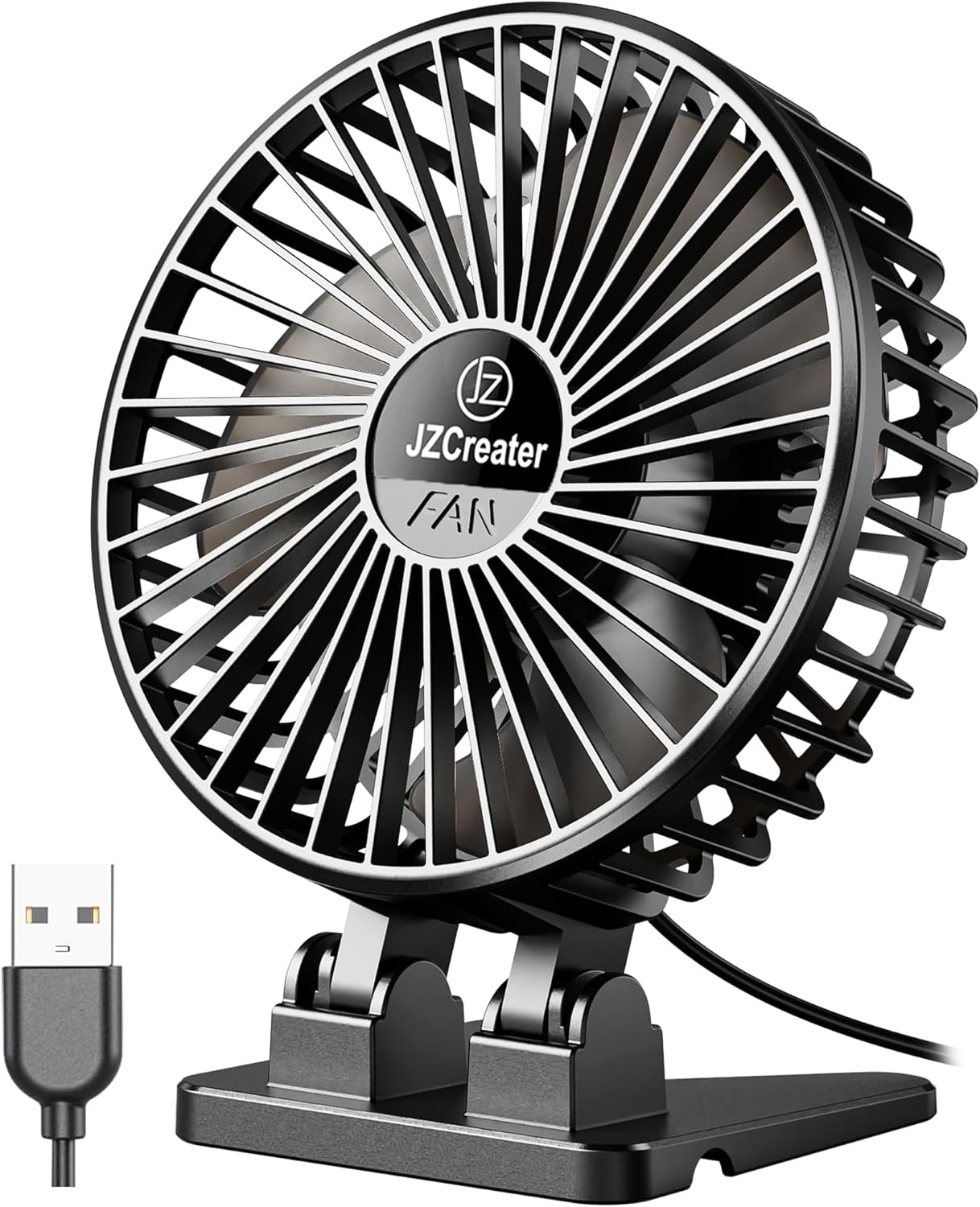 JZCreater USB Desk Fan, Mini Portable, 3 Speeds Desktop Table Cooling, Plug in Power, Rotation Strong Wind, Quiet Personal Small for Home Office Travel Bedroom, Black