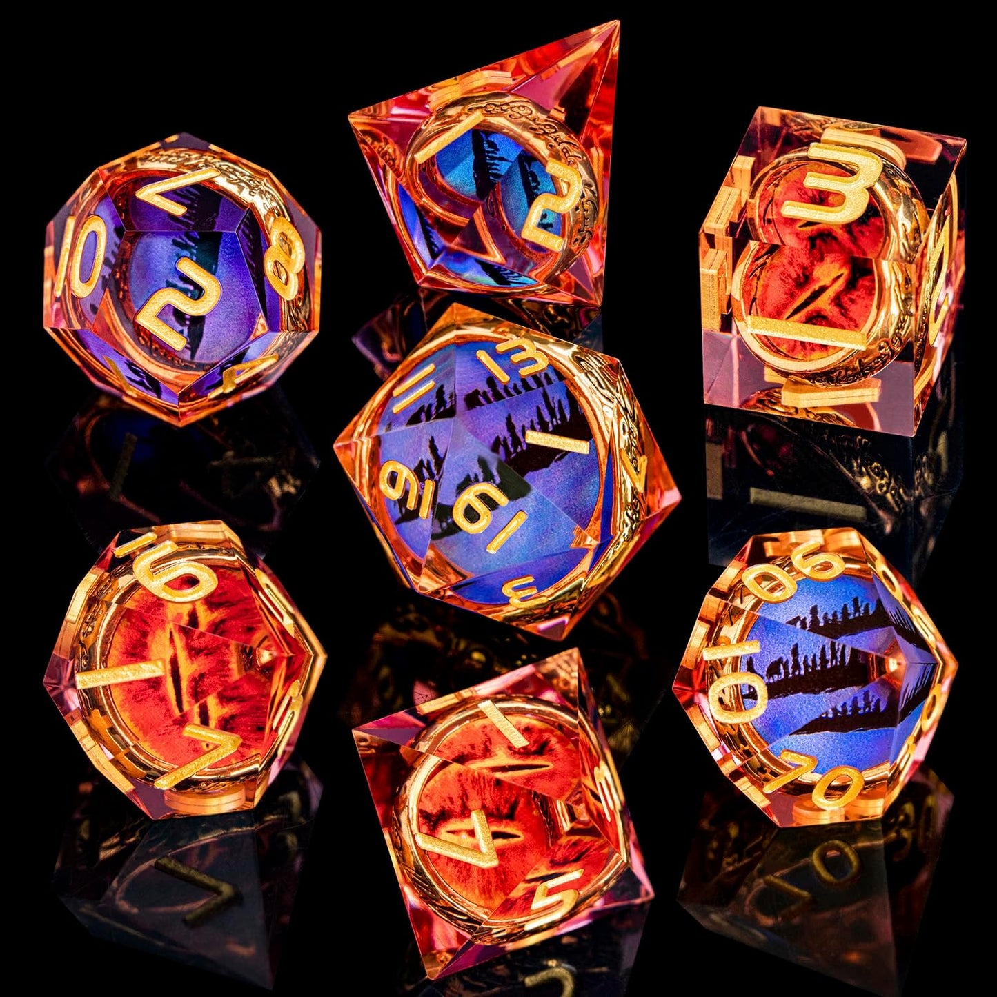 Magic Golden Ring DND Dice Set Sharp Edge Red Gaze Eye Resin Dice with Box, for use with RPG D&D Tabletop Games Lord D and D Polyhedral Dice Set