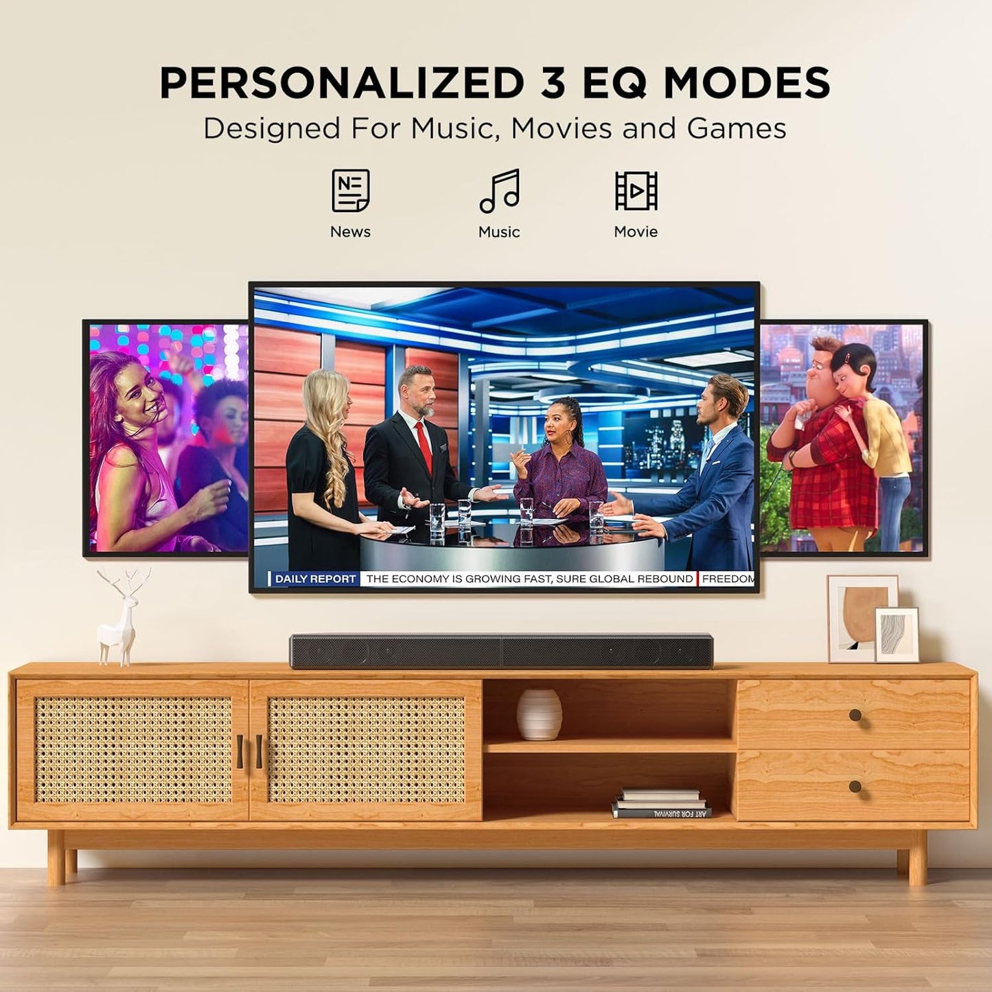 2.2ch 100W Sound Bar for Smart TV, 2-in-1 Detachable Bluetooth 5.3 Speaker with 3 EQ Modes & Adjustable Bass - Home Theater Audio for Movies, Gaming, Music