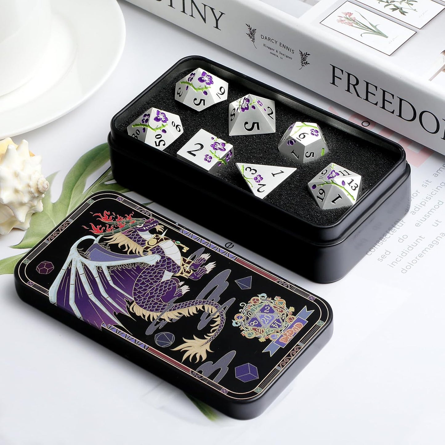 Flower Silver Metal Dice, DNDND 7 PCS Heavy Metallic D&D Dice Set with Gorgeous Gift Case for Dungeons and Dragon Tabletop Game (Matte Silver with Purple Flower)