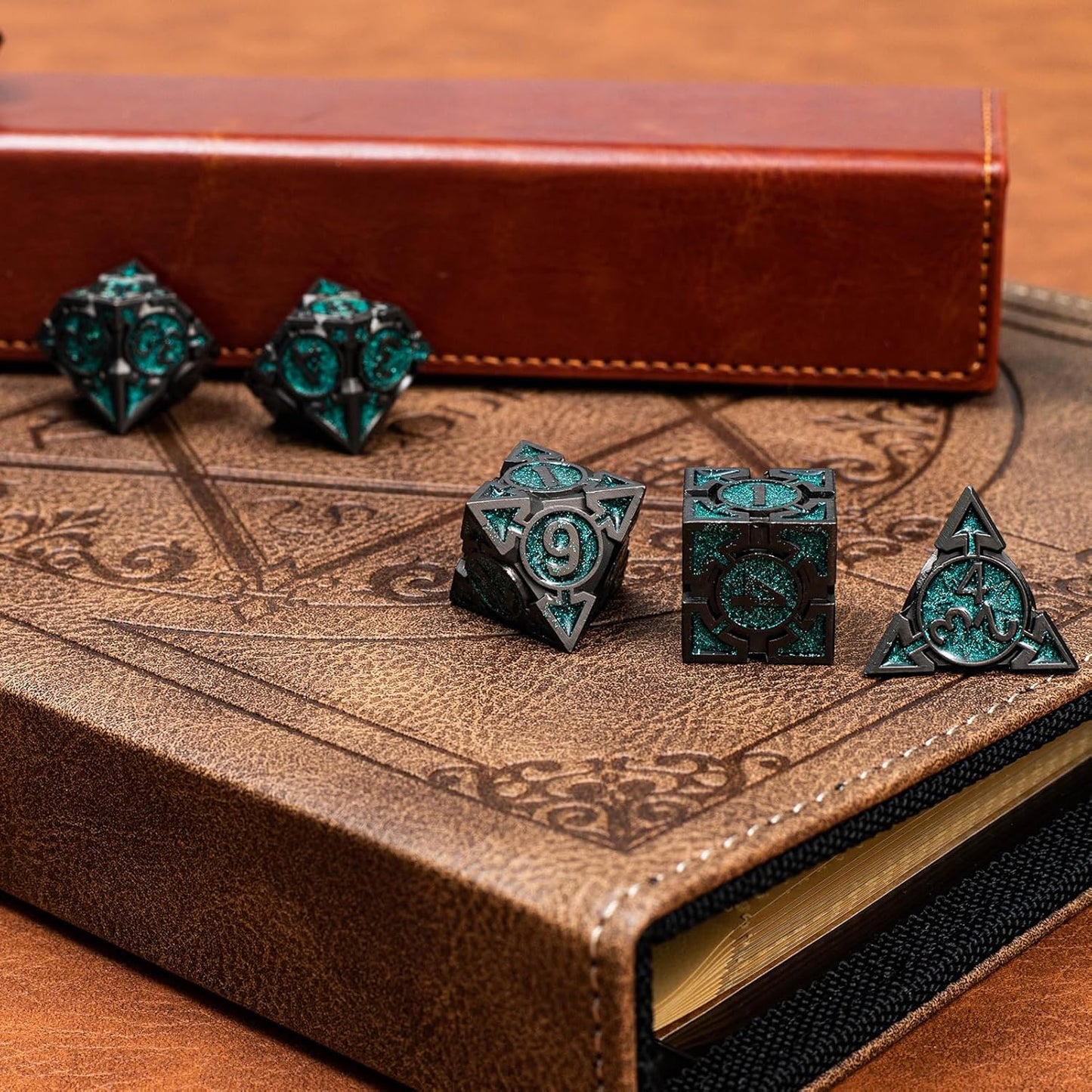 Green Black Nickel Finish Heavy Metal DND Dice Set (Ranger) with A Metal Box, Sharp Edge Zinc Alloy D&D Accessories, D4-D20, Designed for Dungeons & Dragons Master, RPG Player, Starter