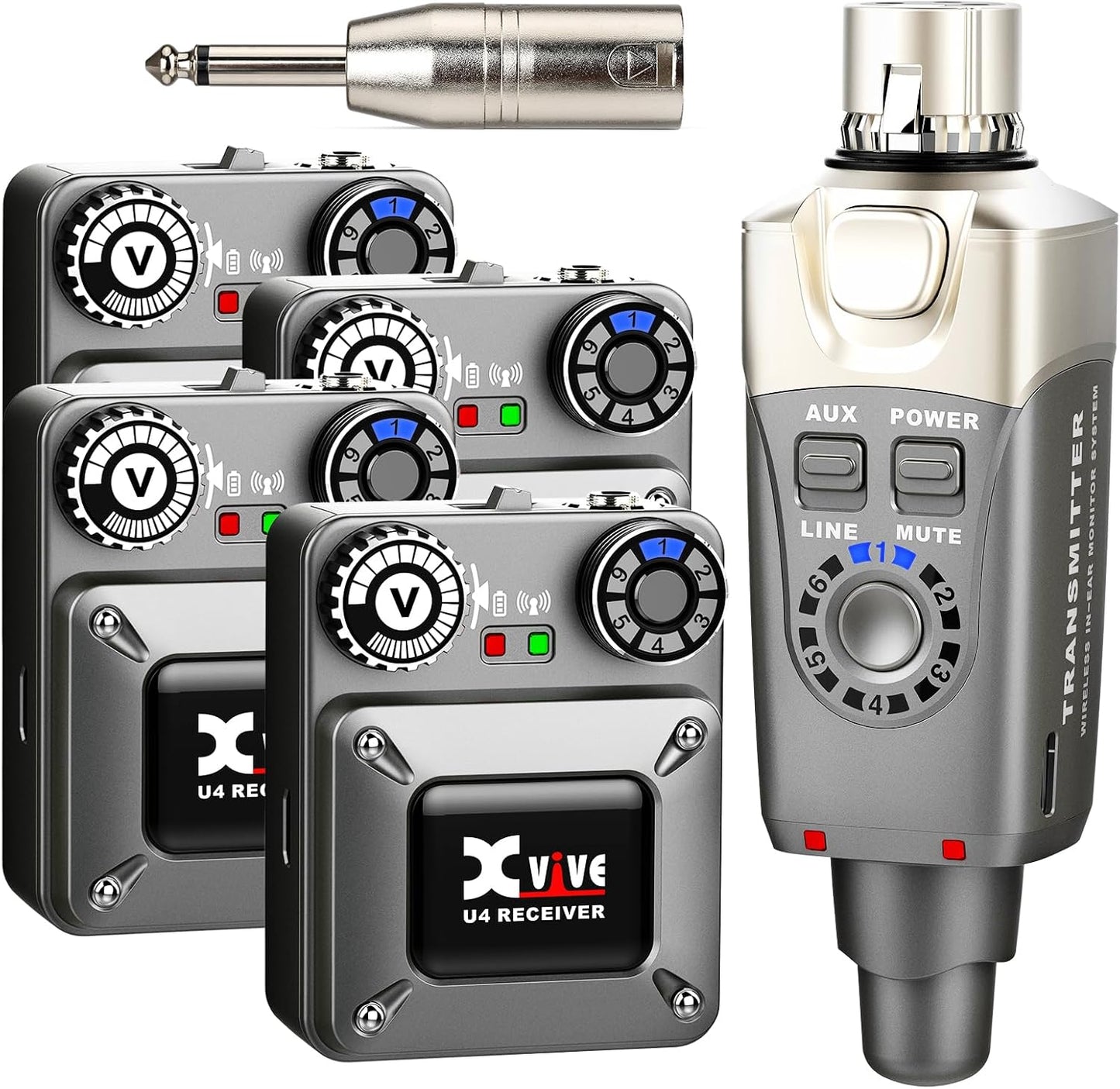Xvive U4R4 Wireless in-Ear Monitor System Professional IEM System,1 Transmitter and 4 Beltpack Receiver for Studio, Band Rehearsal,Live Performance(U4R4)